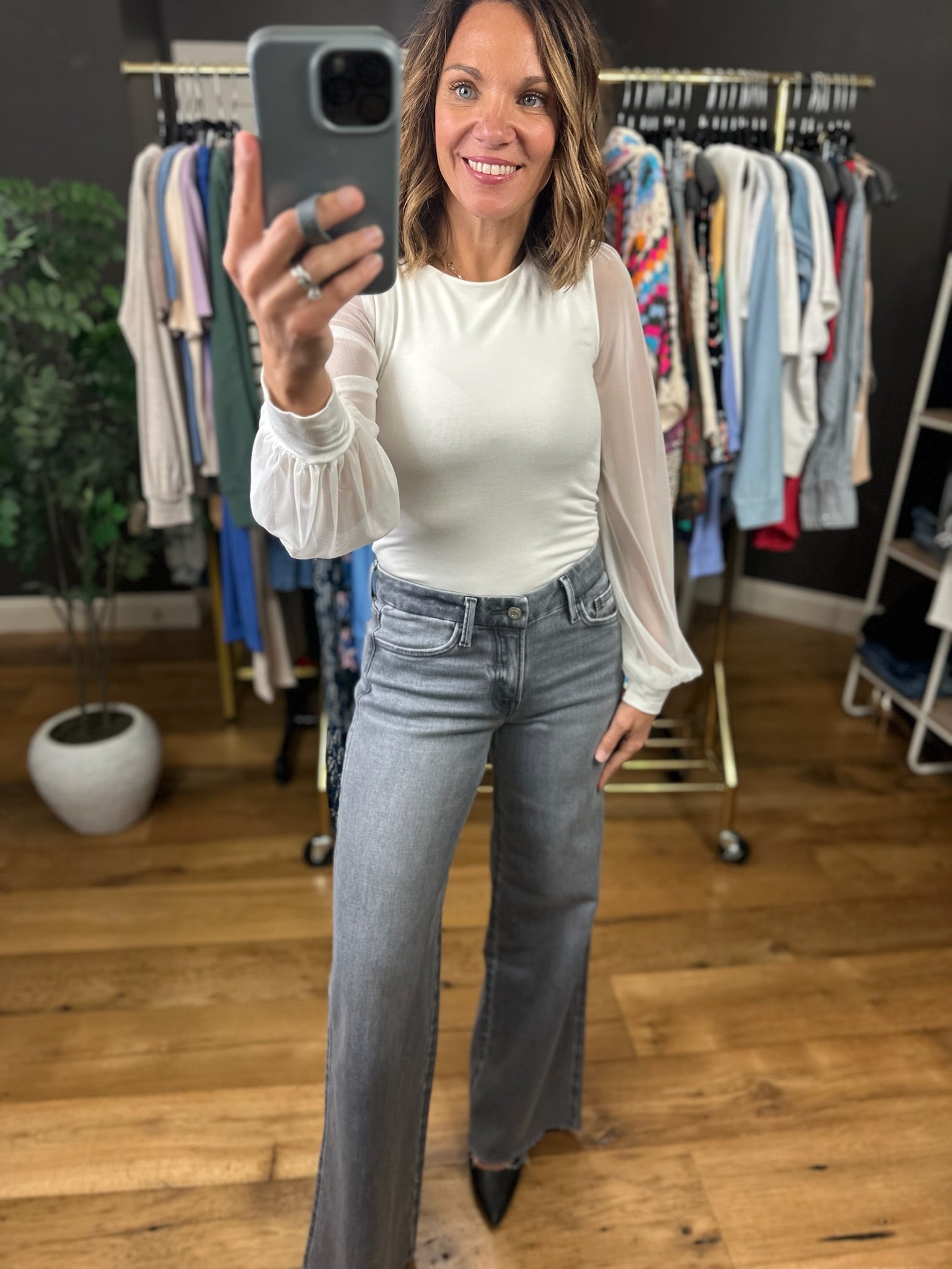 Looking Back Sheer-Sleeve Bodysuit-Long Sleeves-Wasabi & Mint-Anna Kaytes Boutique, Women's Fashion Boutique in Grinnell, Iowa