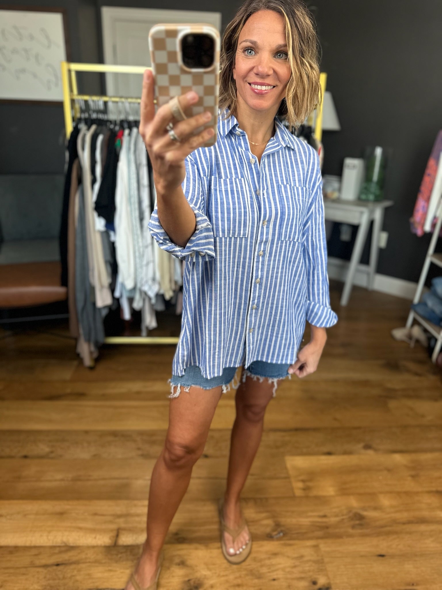 Going, Going, Gone Striped Button-Down Top - Denim-Be Cool-Anna Kaytes Boutique, Women's Fashion Boutique in Grinnell, Iowa