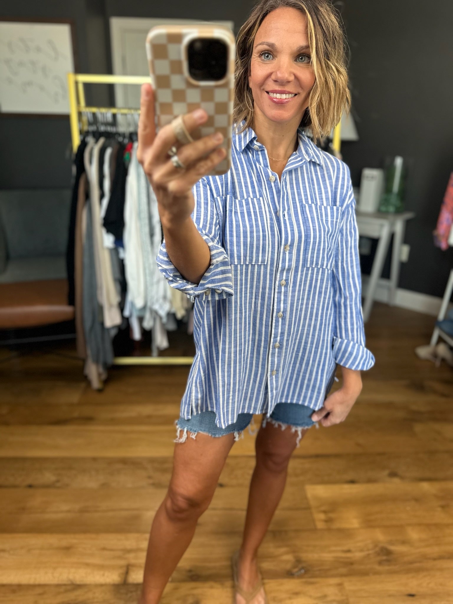 Going, Going, Gone Striped Button-Down Top - Denim-Be Cool-Anna Kaytes Boutique, Women's Fashion Boutique in Grinnell, Iowa