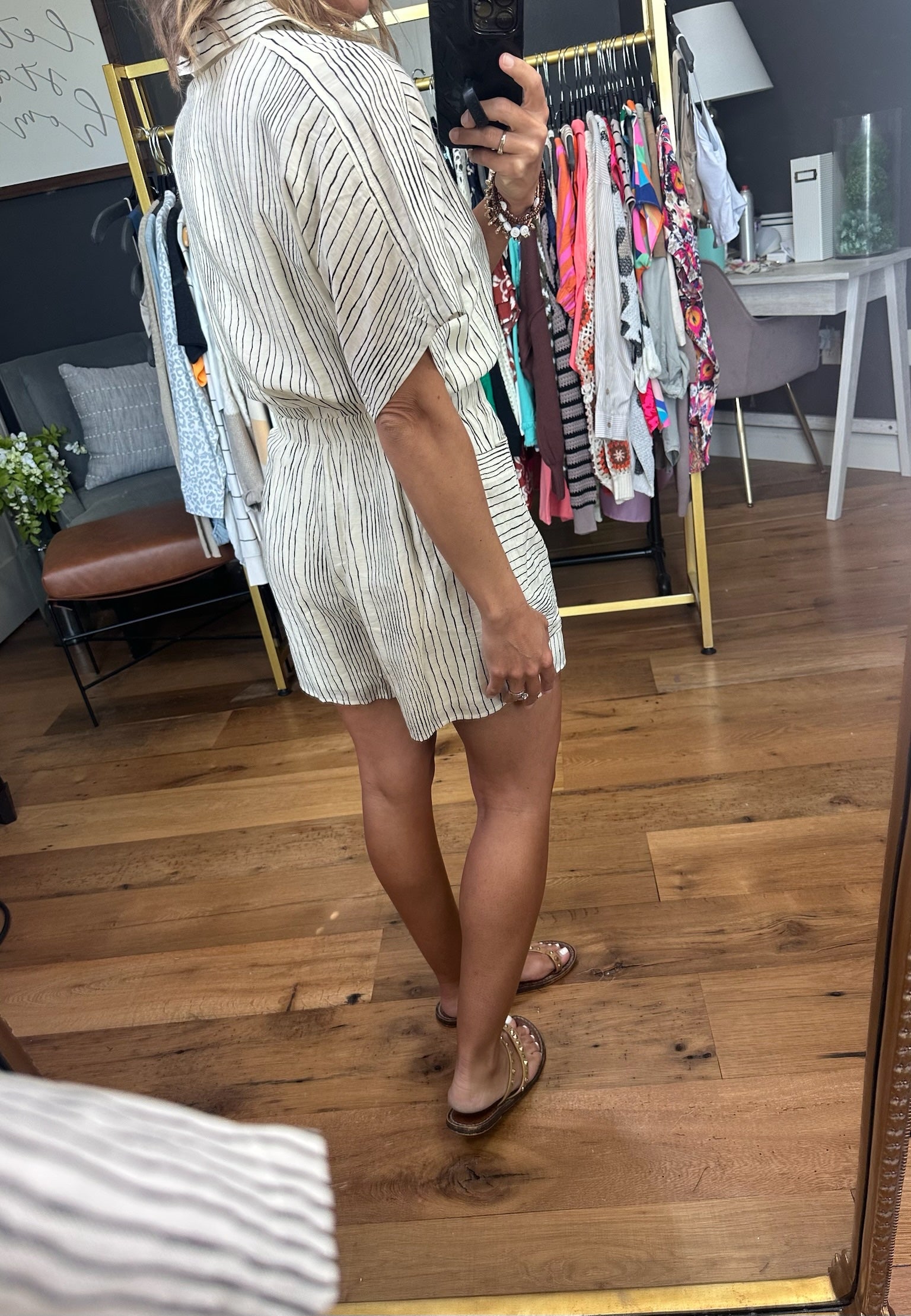 Out of the Office Striped Pocket Romper - Ecru-Rompers-Fate-Anna Kaytes Boutique, Women's Fashion Boutique in Grinnell, Iowa