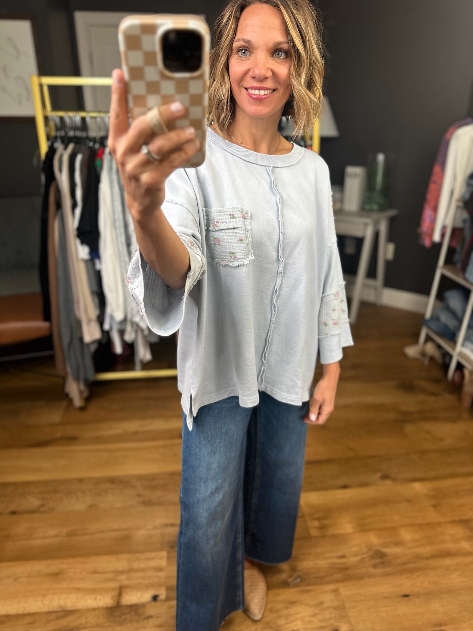 Spring Cheer Oversized Floral Detail Top - Cotton Blue-Easel-Anna Kaytes Boutique, Women's Fashion Boutique in Grinnell, Iowa