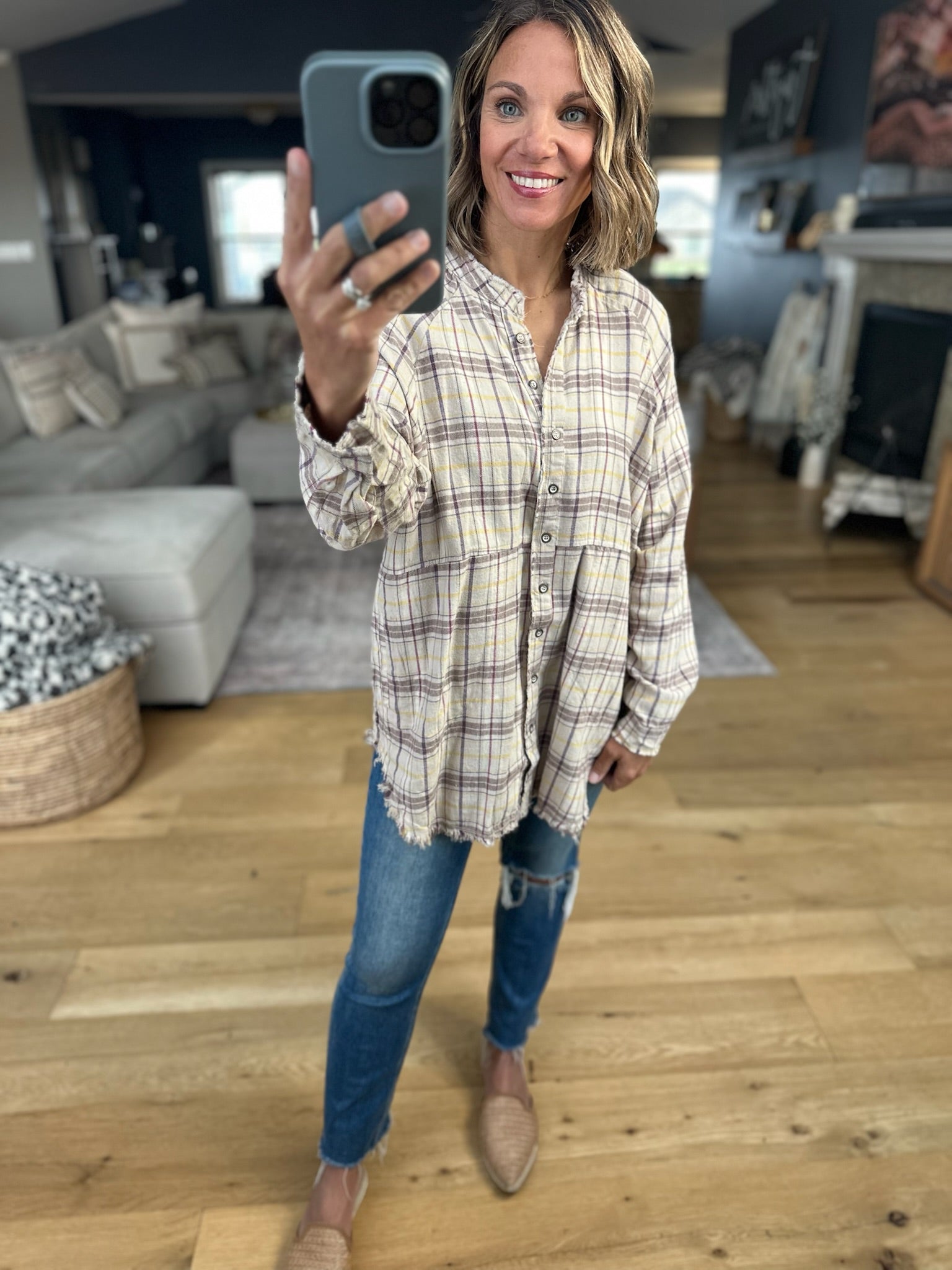 Right Back There Pocket Plaid Button-Down Top-Long Sleeves-In Loom-Anna Kaytes Boutique, Women's Fashion Boutique in Grinnell, Iowa