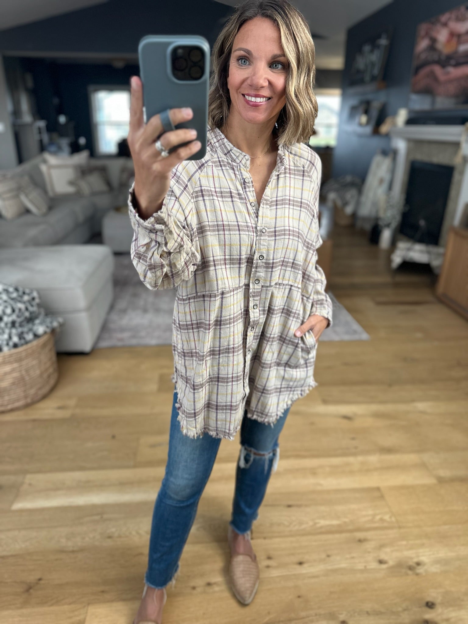 Right Back There Pocket Plaid Button-Down Top-Long Sleeves-In Loom-Anna Kaytes Boutique, Women's Fashion Boutique in Grinnell, Iowa