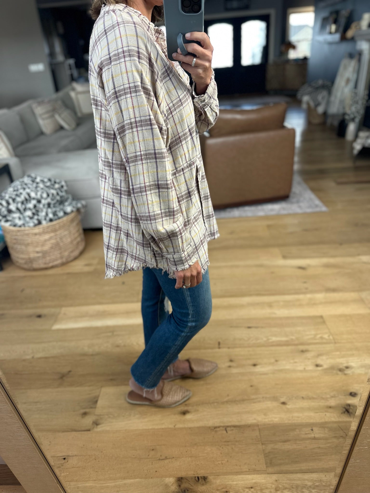 Right Back There Pocket Plaid Button-Down Top-Long Sleeves-In Loom-Anna Kaytes Boutique, Women's Fashion Boutique in Grinnell, Iowa