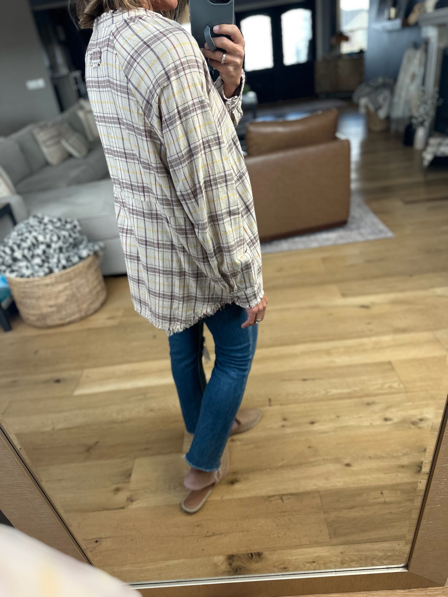 Right Back There Pocket Plaid Button-Down Top-Long Sleeves-In Loom-Anna Kaytes Boutique, Women's Fashion Boutique in Grinnell, Iowa