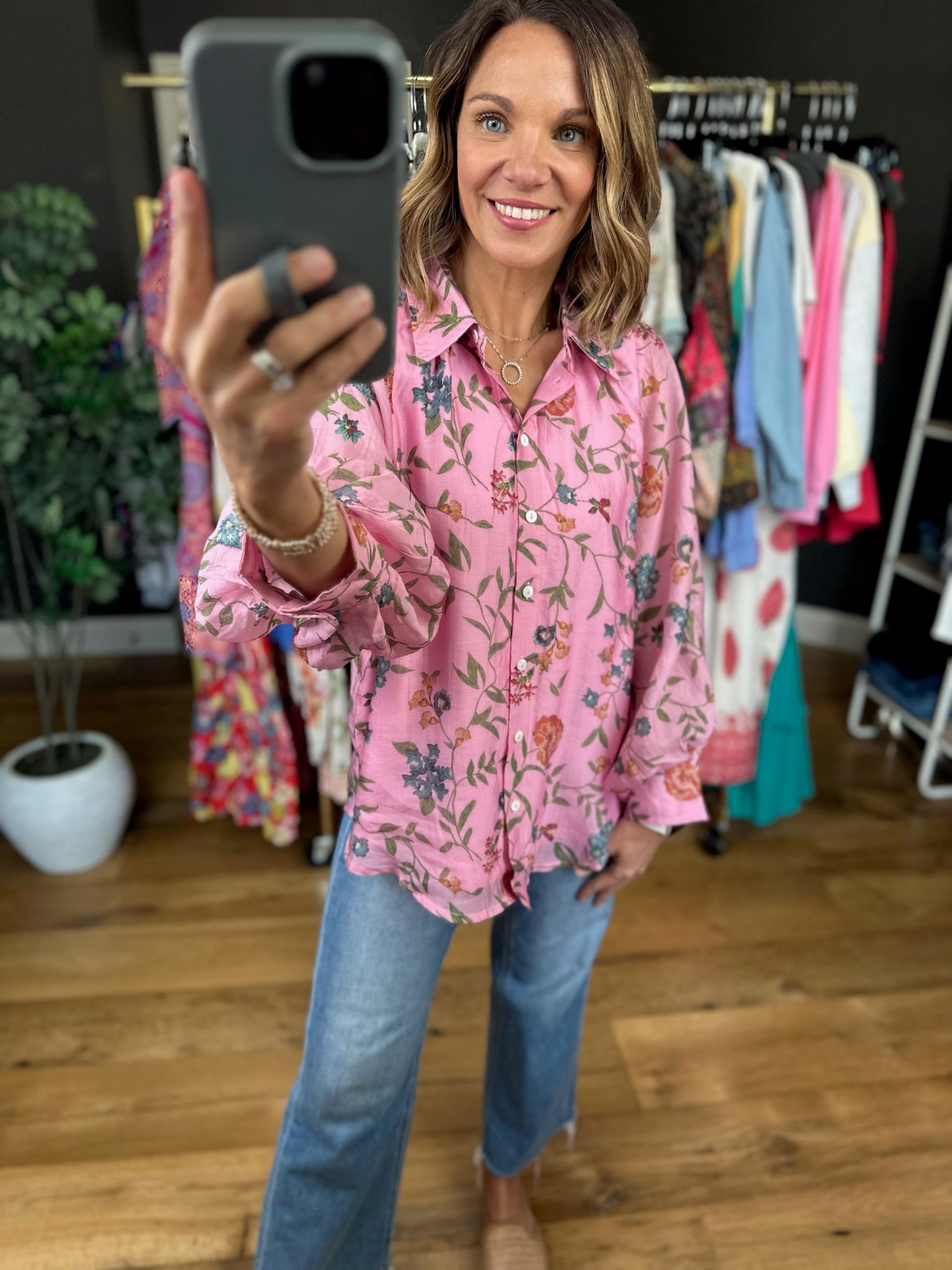 Finding Hope Button-Down Floral Top-Long Sleeves-Entro-Anna Kaytes Boutique, Women's Fashion Boutique in Grinnell, Iowa