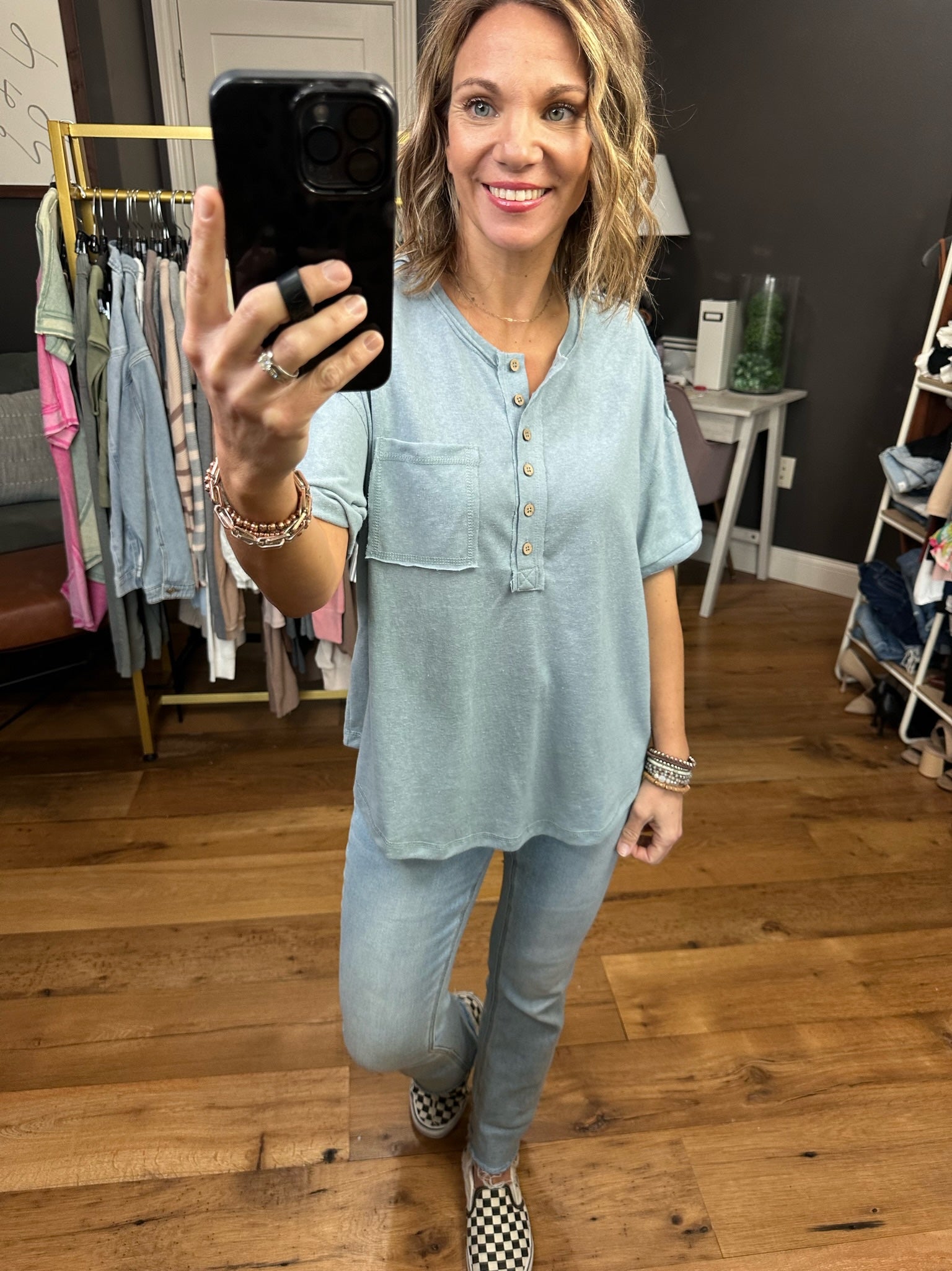 Sweet Symphonies Henley Pocket Tee - Multiple Options-Short Sleeves-Very j NT11432-Anna Kaytes Boutique, Women's Fashion Boutique in Grinnell, Iowa