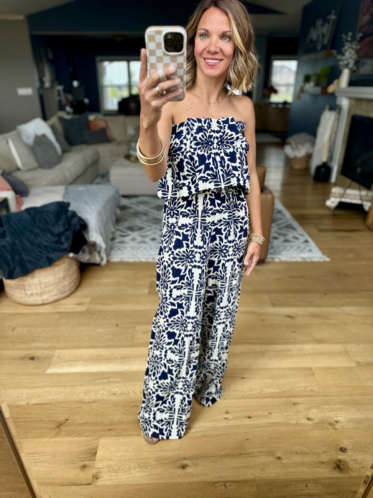 Seek You Out Patterned Jumpsuit - Navy/Ivory-Skies Are Blue-Anna Kaytes Boutique, Women's Fashion Boutique in Grinnell, Iowa
