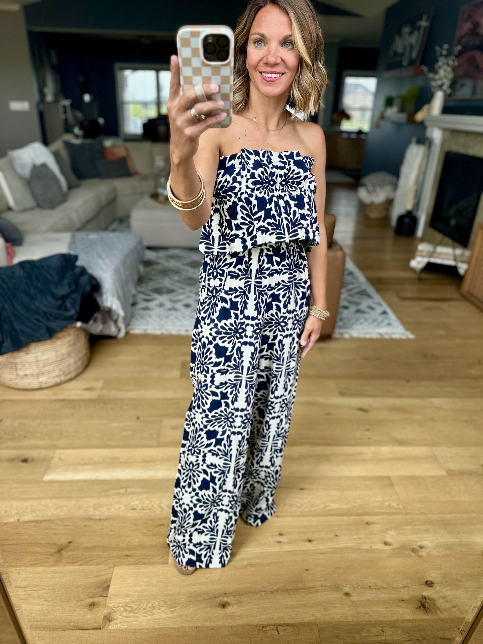Seek You Out Patterned Jumpsuit - Navy/Ivory-Skies Are Blue-Anna Kaytes Boutique, Women's Fashion Boutique in Grinnell, Iowa