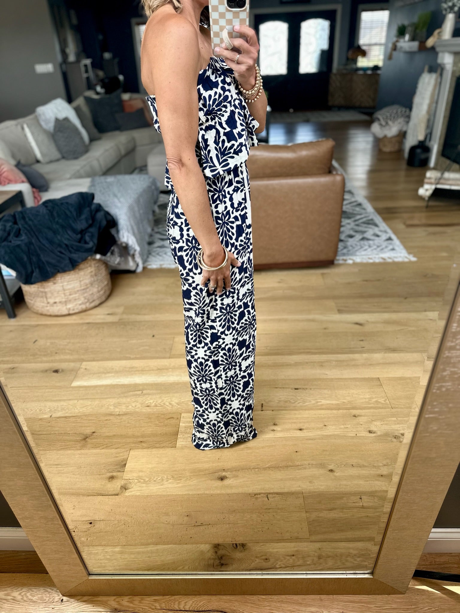 Seek You Out Patterned Jumpsuit - Navy/Ivory-Skies Are Blue-Anna Kaytes Boutique, Women's Fashion Boutique in Grinnell, Iowa