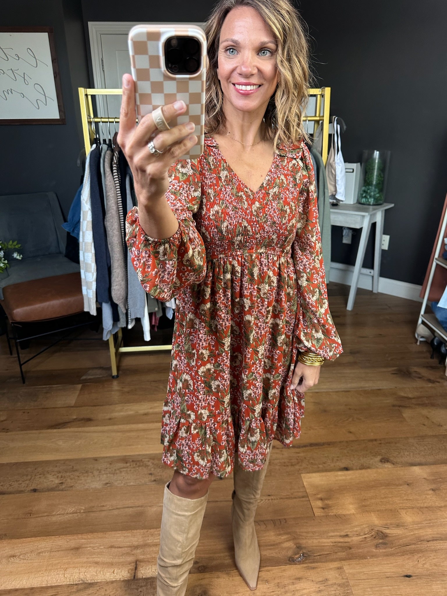 Catching Up Patterned Dress - Rust-Jodifl-Anna Kaytes Boutique, Women's Fashion Boutique in Grinnell, Iowa