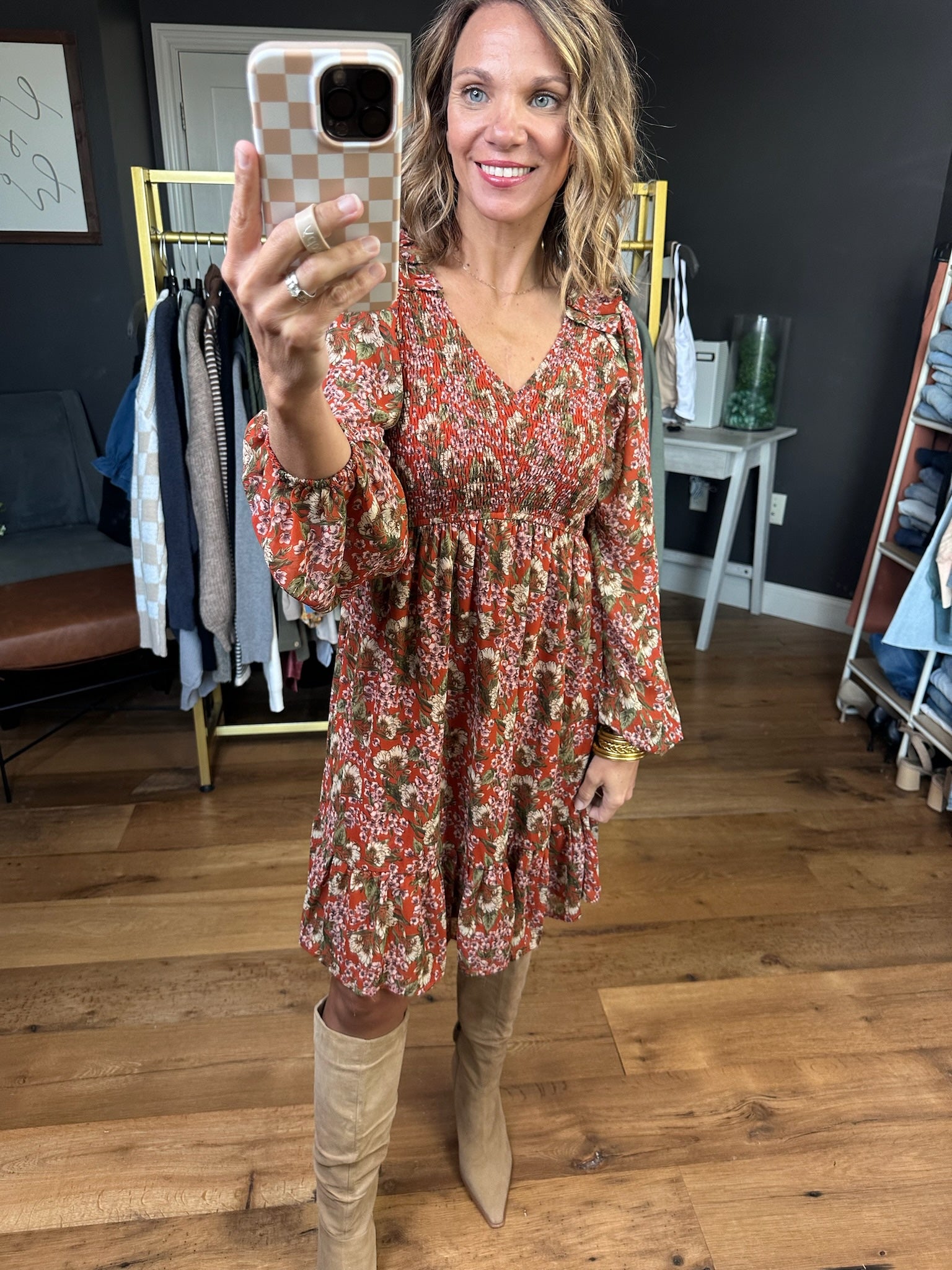 Catching Up Patterned Dress - Rust-Jodifl-Anna Kaytes Boutique, Women's Fashion Boutique in Grinnell, Iowa