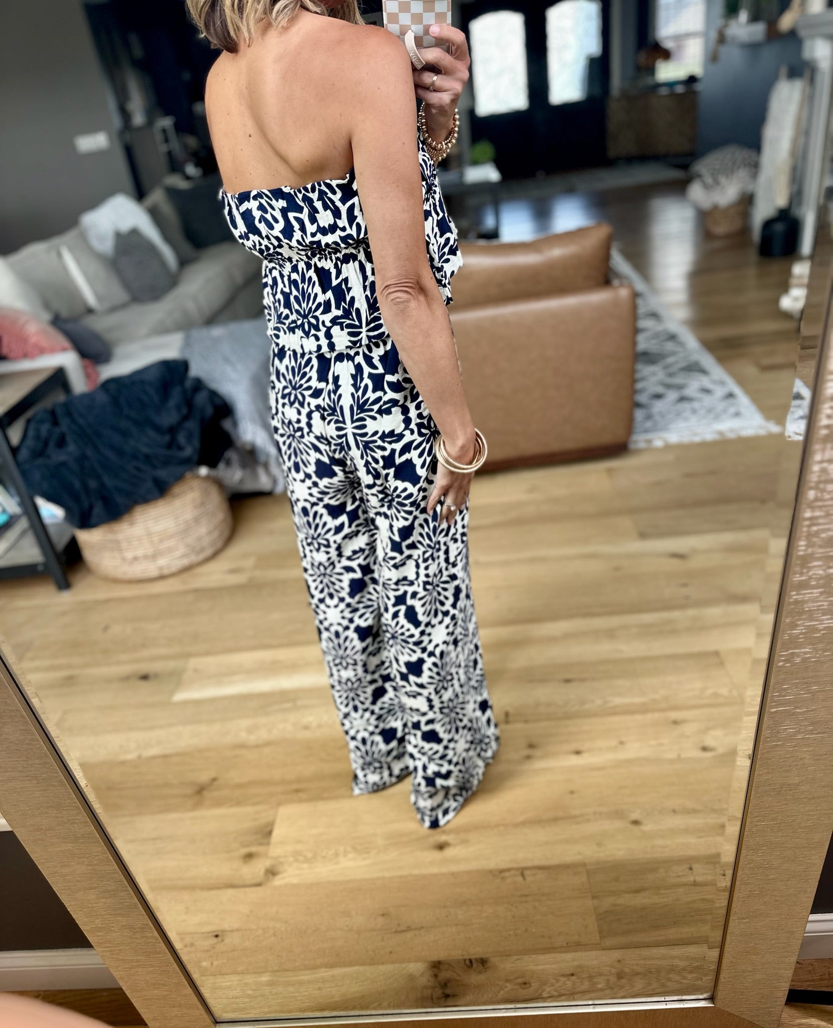 Seek You Out Patterned Jumpsuit - Navy/Ivory-Skies Are Blue-Anna Kaytes Boutique, Women's Fashion Boutique in Grinnell, Iowa