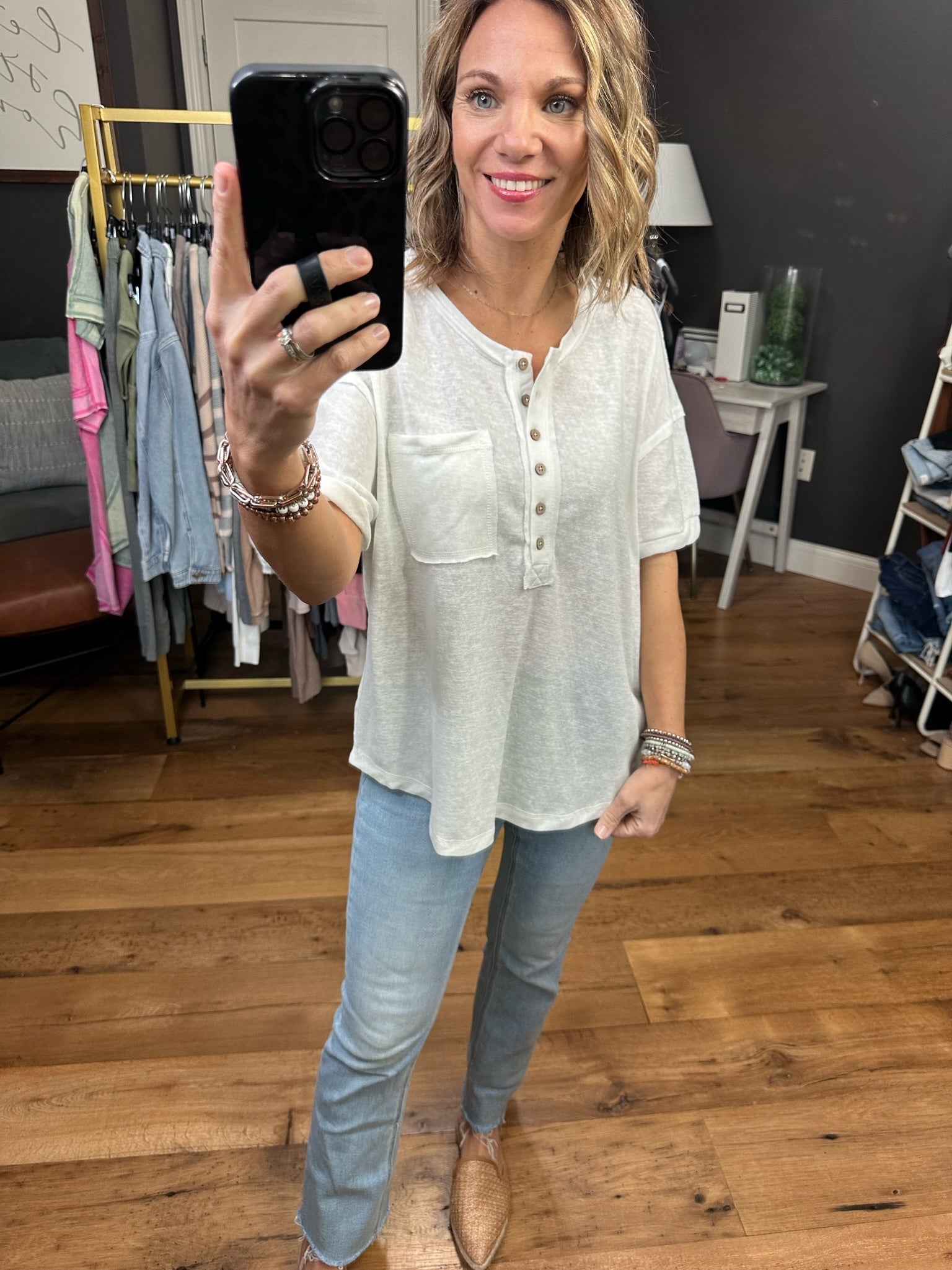 Sweet Symphonies Henley Pocket Tee - Multiple Options-Short Sleeves-Very j NT11432-Anna Kaytes Boutique, Women's Fashion Boutique in Grinnell, Iowa