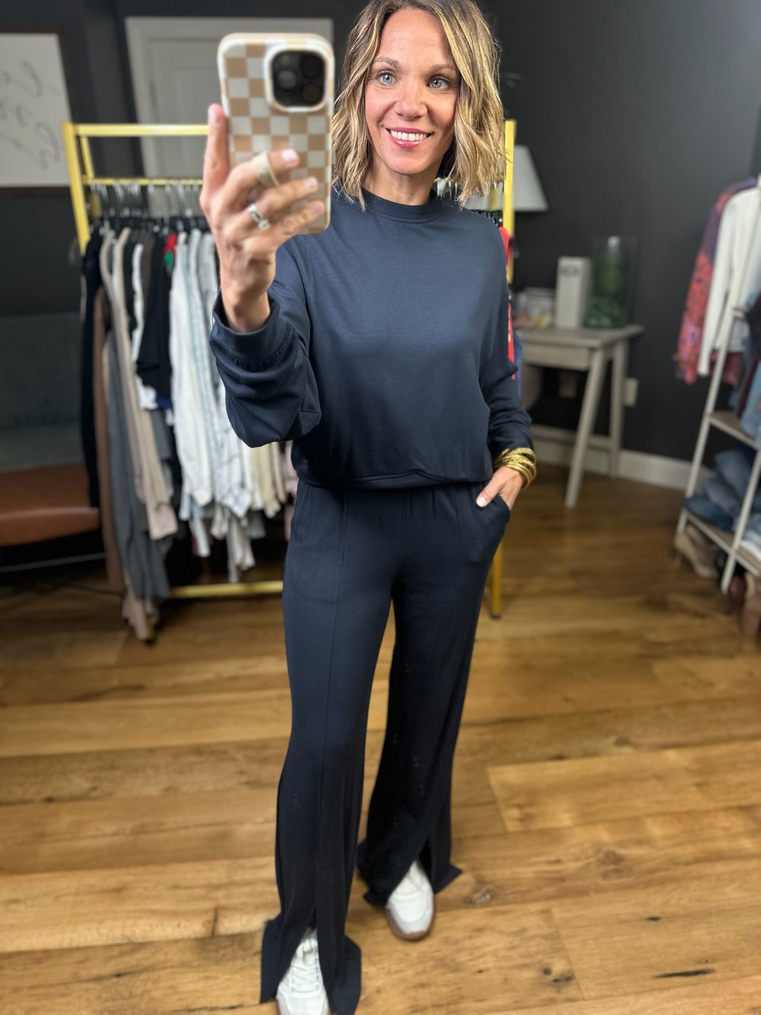 The Kelsey Split Hem Pant + Crew Top Set - Navy-Mono B-Anna Kaytes Boutique, Women's Fashion Boutique in Grinnell, Iowa