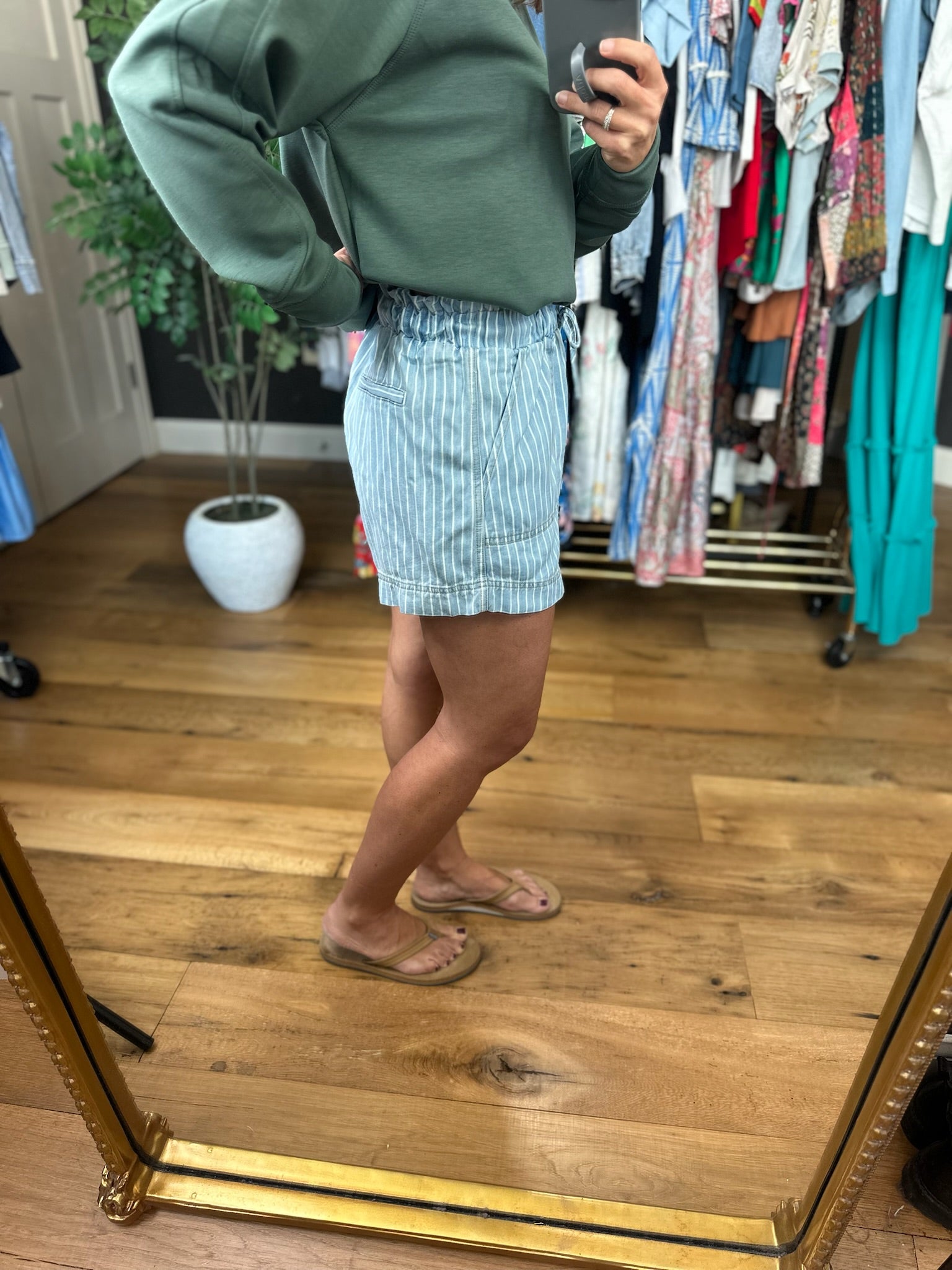 The Noah Pinstripe Chambray Paperbag Shorts-Shorts-Blu Pepper-Anna Kaytes Boutique, Women's Fashion Boutique in Grinnell, Iowa