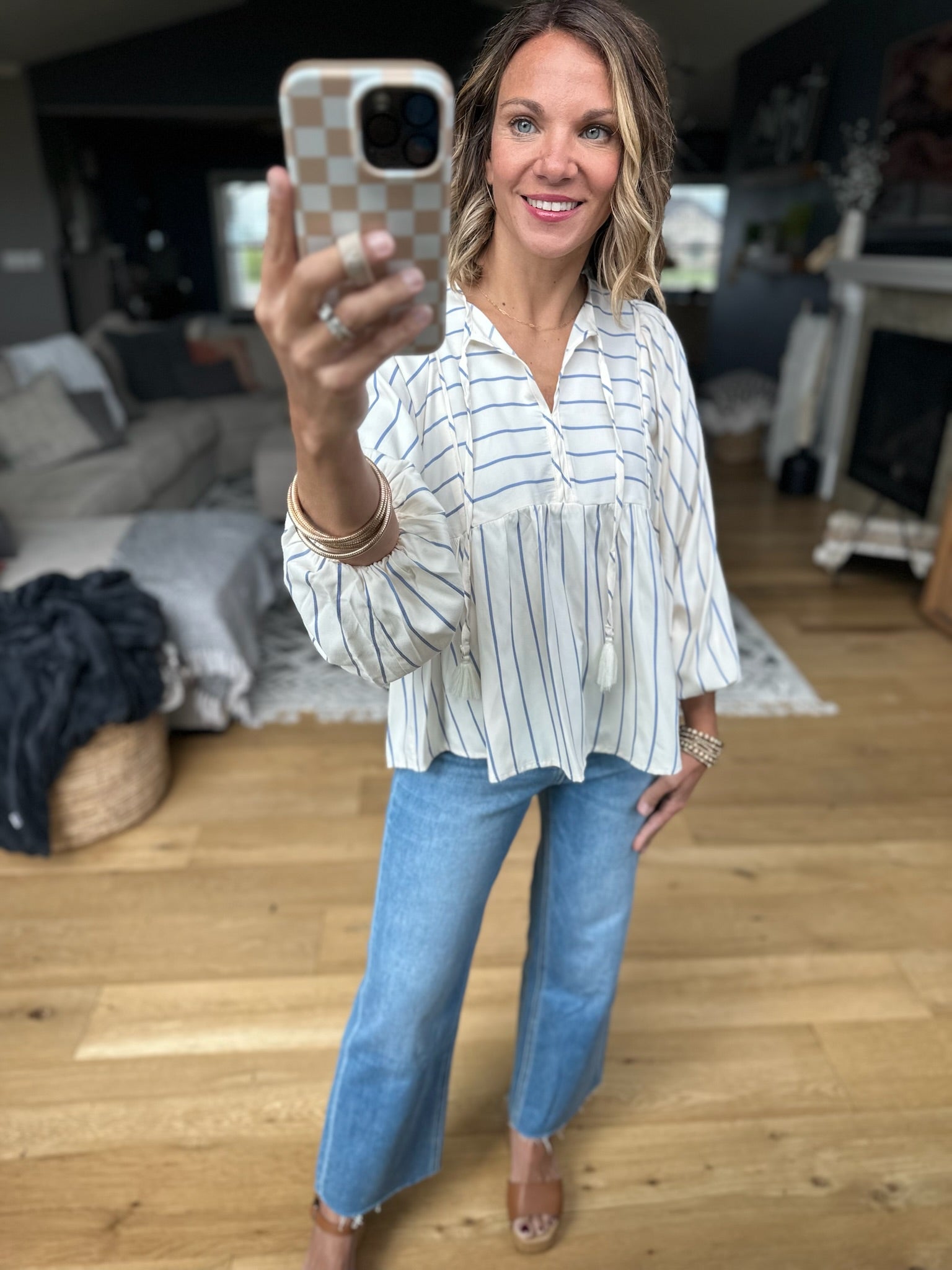 Enjoy The Night Striped Babydoll Top - Blue-Eesome-Anna Kaytes Boutique, Women's Fashion Boutique in Grinnell, Iowa