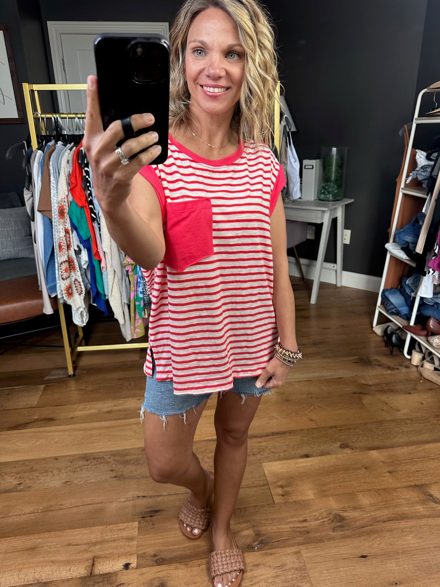 For the Freedom Striped Pocket Tee - Red-Short Sleeves-Ces Femme-Anna Kaytes Boutique, Women's Fashion Boutique in Grinnell, Iowa