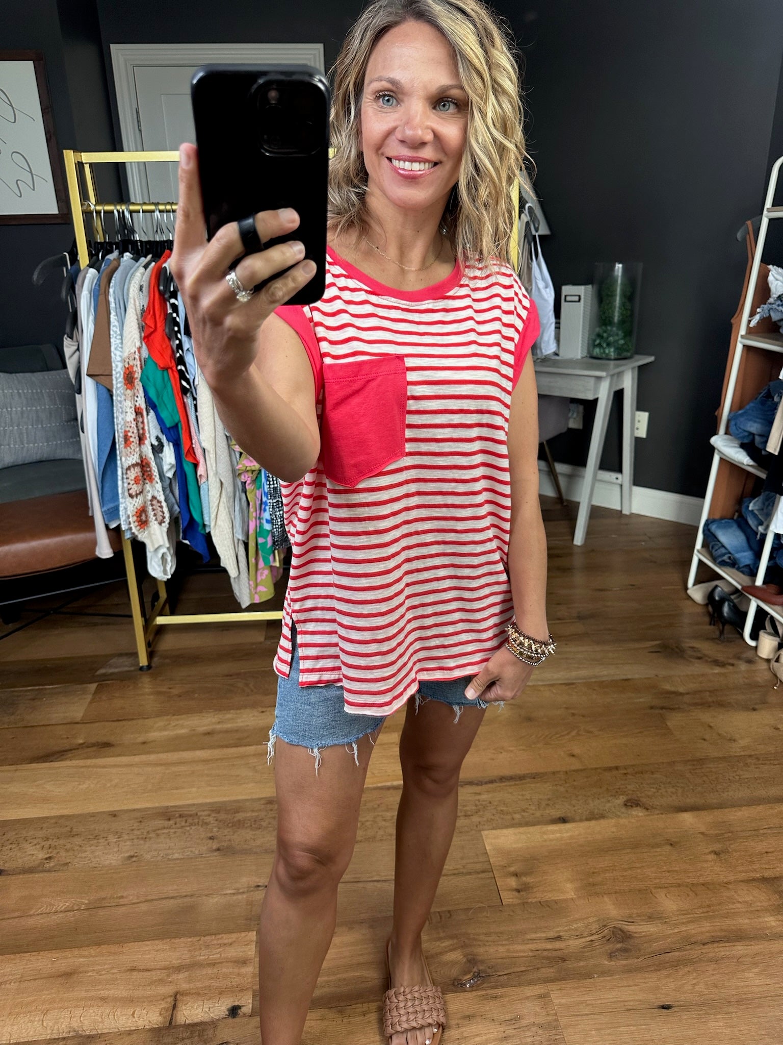 For the Freedom Striped Pocket Tee - Red-Short Sleeves-Ces Femme-Anna Kaytes Boutique, Women's Fashion Boutique in Grinnell, Iowa