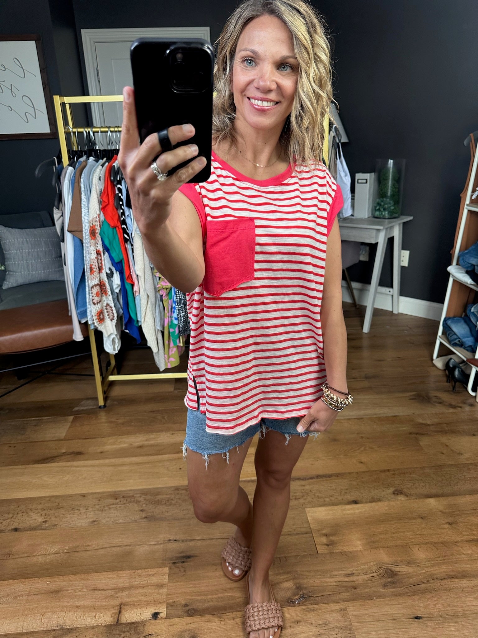 For the Freedom Striped Pocket Tee - Red-Short Sleeves-Ces Femme-Anna Kaytes Boutique, Women's Fashion Boutique in Grinnell, Iowa