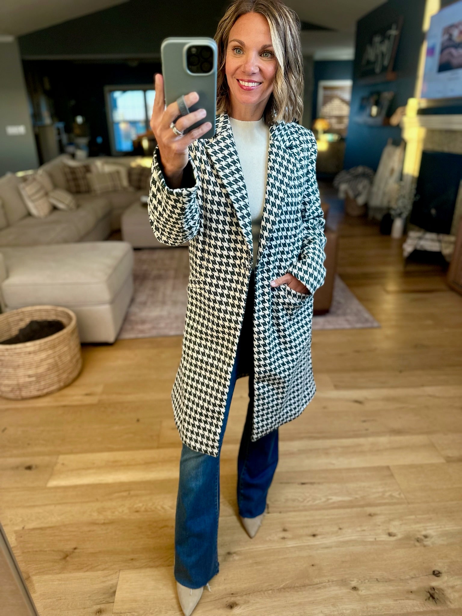 The Elliott Houndstooth Coat - Hunter Green-Jackets-Skies Are Blue-Anna Kaytes Boutique, Women's Fashion Boutique in Grinnell, Iowa