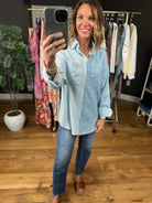 In The Clouds Two-Toned Denim Top-Sweaters-ee:some-Anna Kaytes Boutique, Women's Fashion Boutique in Grinnell, Iowa