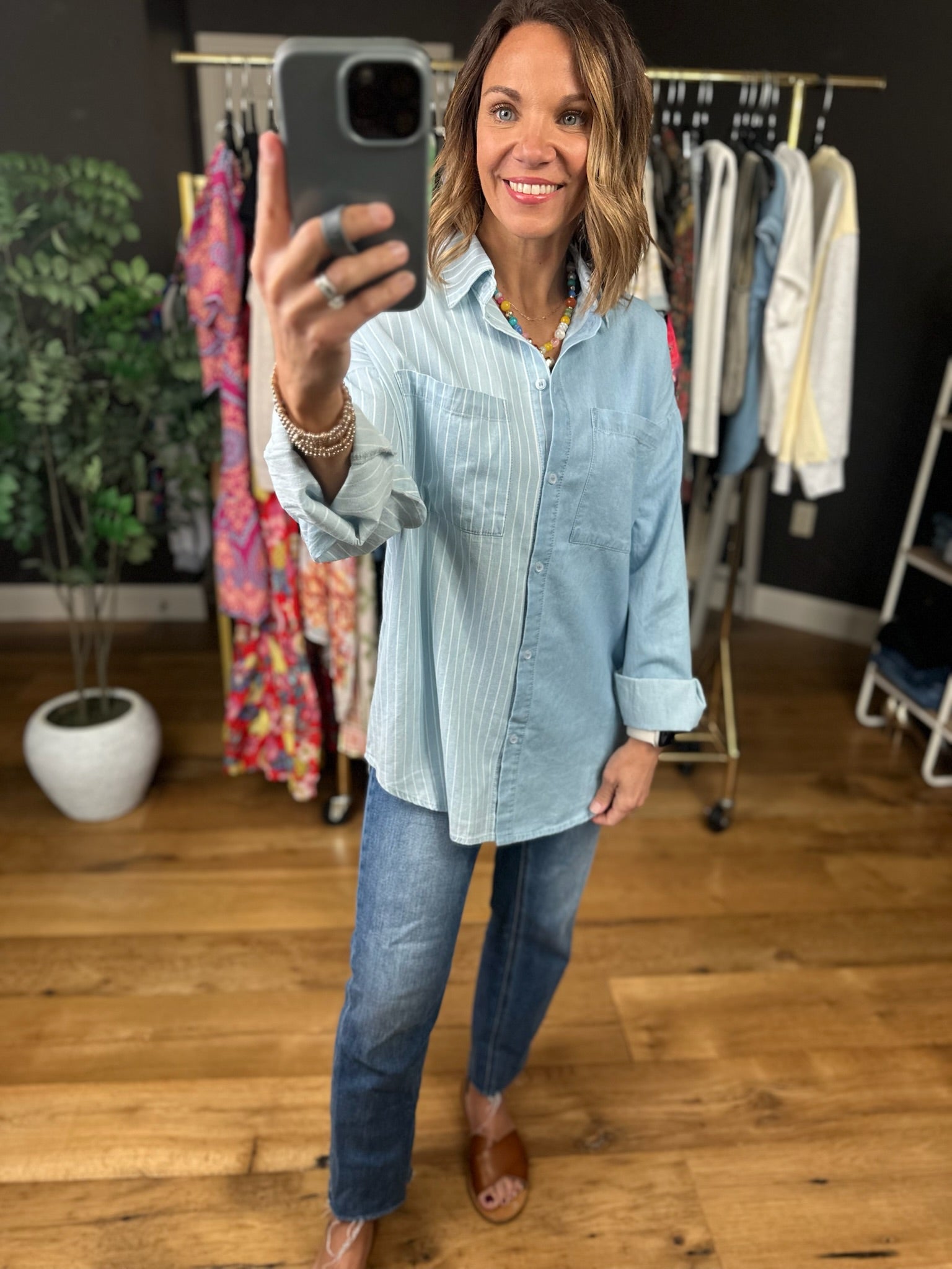 In The Clouds Two-Toned Denim Top-Sweaters-ee:some-Anna Kaytes Boutique, Women's Fashion Boutique in Grinnell, Iowa