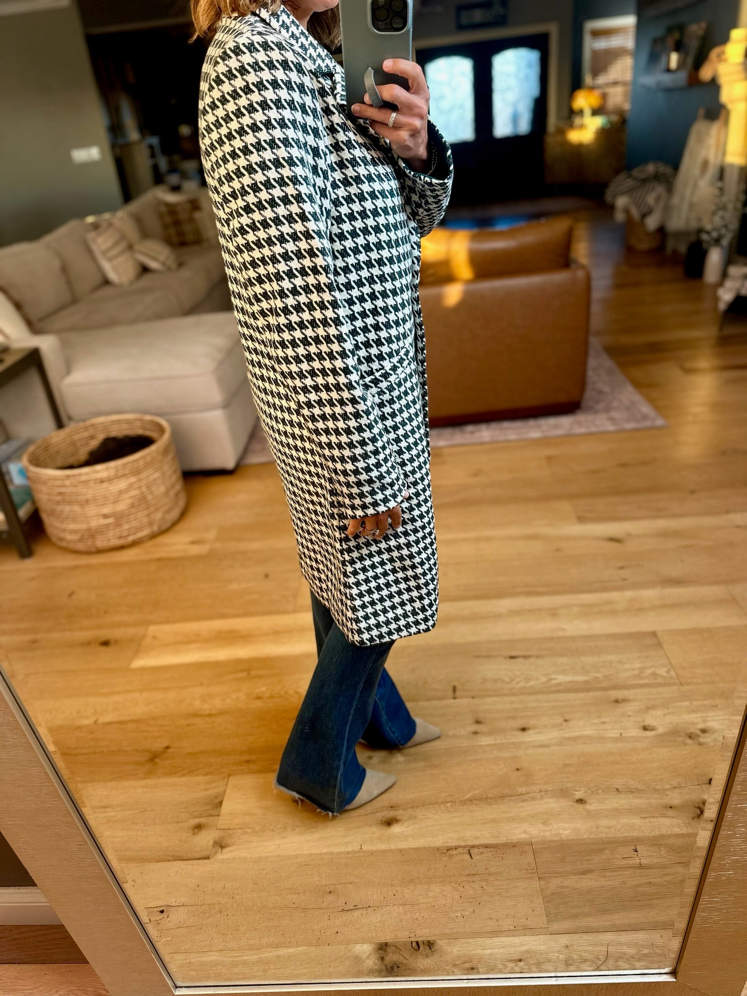The Elliott Houndstooth Coat - Hunter Green-Jackets-Skies Are Blue-Anna Kaytes Boutique, Women's Fashion Boutique in Grinnell, Iowa