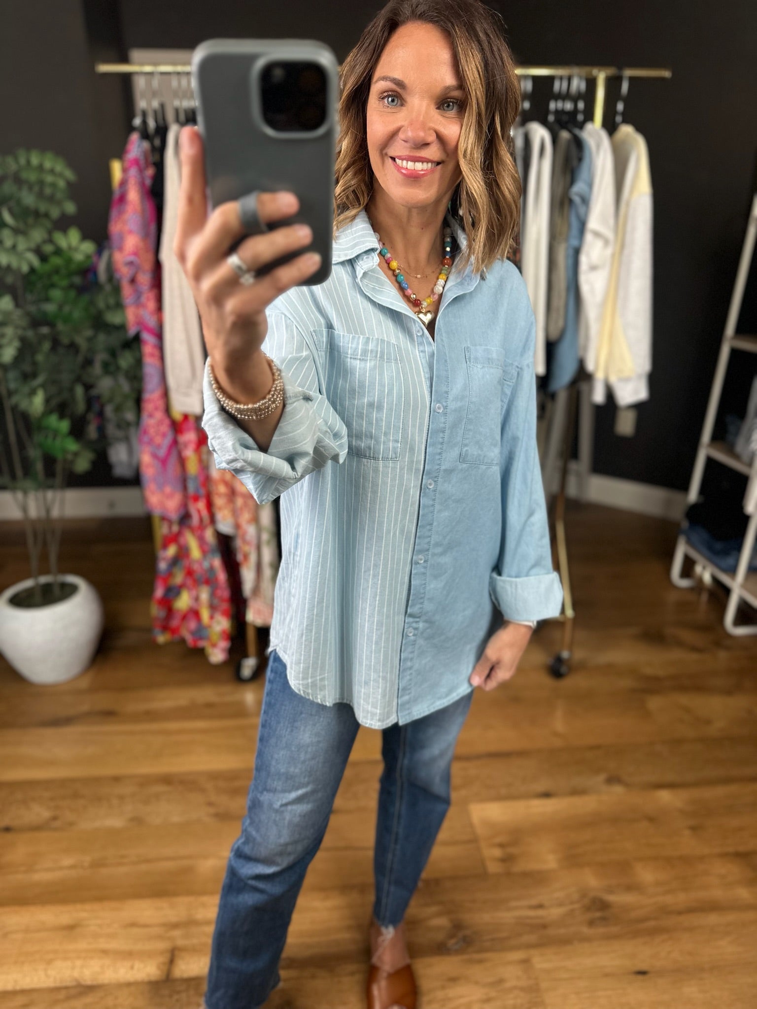 In The Clouds Two-Toned Denim Top-Sweaters-ee:some-Anna Kaytes Boutique, Women's Fashion Boutique in Grinnell, Iowa