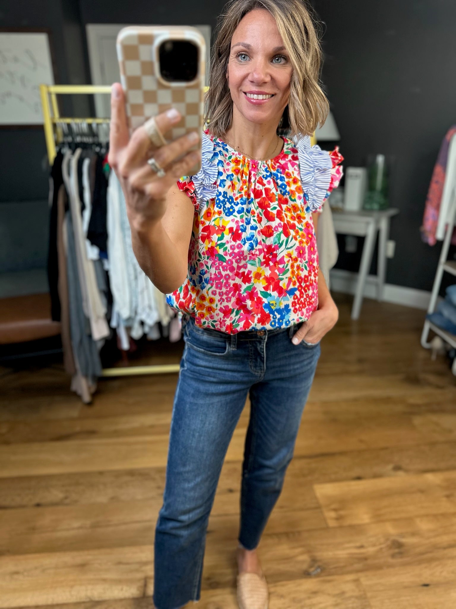 Complete Me Floral Flutter Sleeve Top - Blue Multi-Jodifl-Anna Kaytes Boutique, Women's Fashion Boutique in Grinnell, Iowa