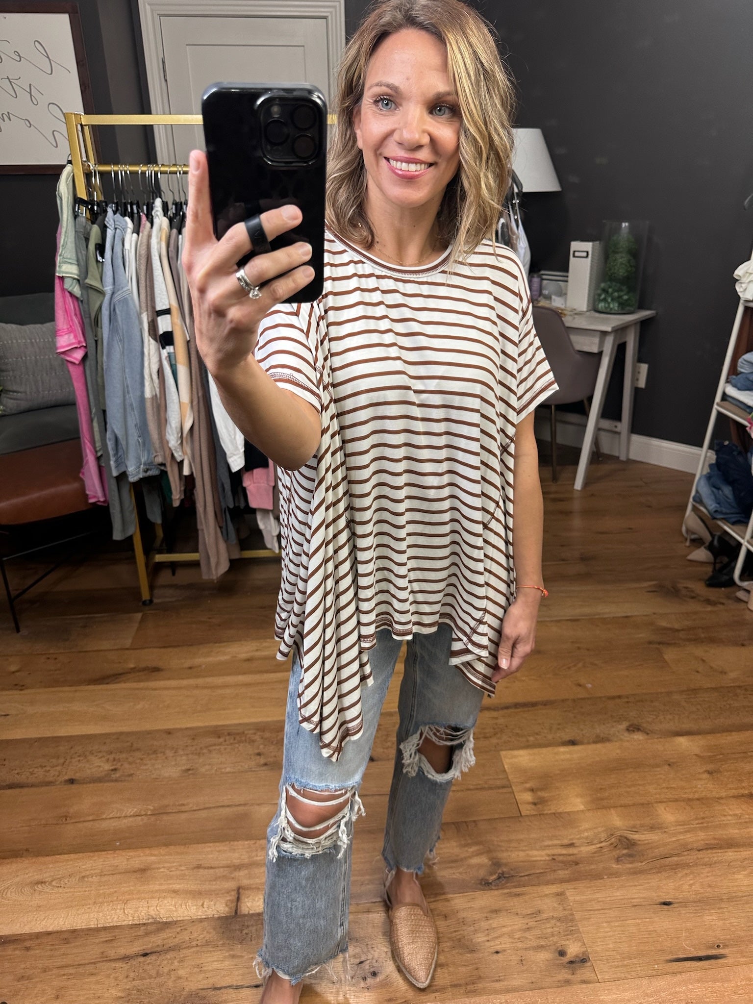 Come Together Striped Waterfall Hem Tee - Coffee-Short Sleeves-Entro T22381-Anna Kaytes Boutique, Women's Fashion Boutique in Grinnell, Iowa