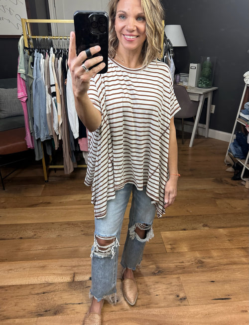Come Together Striped Waterfall Hem Tee - Coffee-Entro T22381-Anna Kaytes Boutique, Women's Fashion Boutique in Grinnell, Iowa