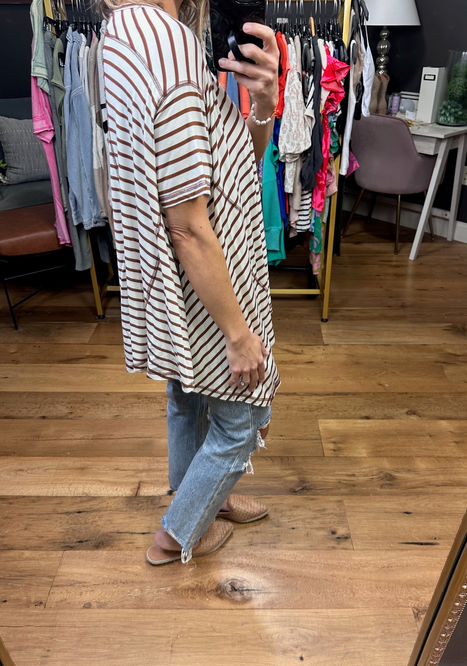 Come Together Striped Waterfall Hem Tee - Coffee-Short Sleeves-Entro T22381-Anna Kaytes Boutique, Women's Fashion Boutique in Grinnell, Iowa