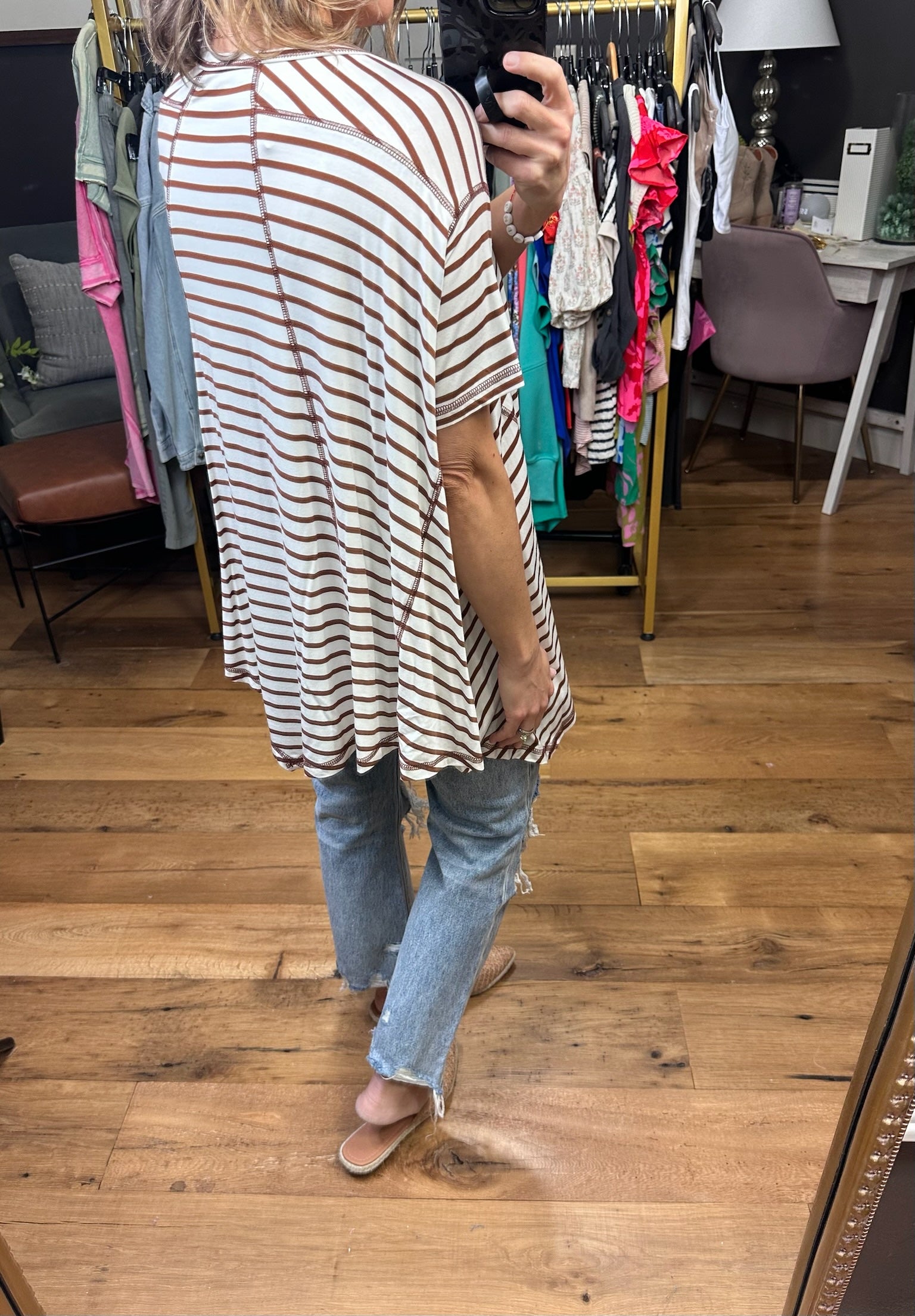 Come Together Striped Waterfall Hem Tee - Coffee-Short Sleeves-Entro T22381-Anna Kaytes Boutique, Women's Fashion Boutique in Grinnell, Iowa