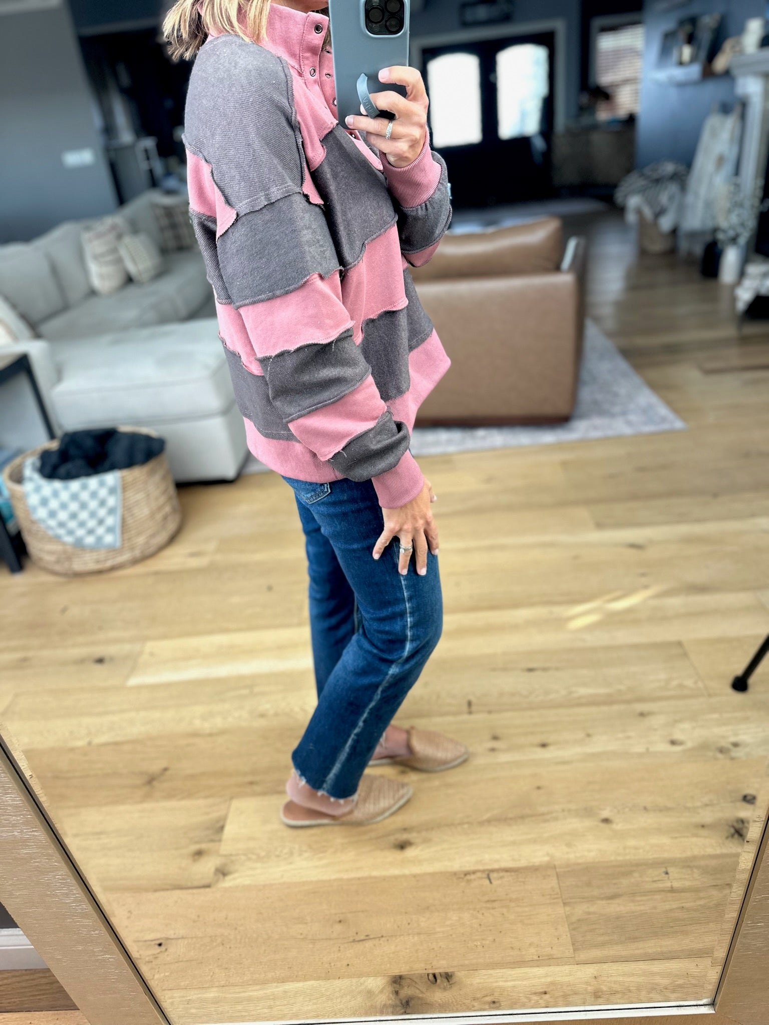 That's So True Raw-Hem Henley-Sweaters-Doe & Rae-Anna Kaytes Boutique, Women's Fashion Boutique in Grinnell, Iowa