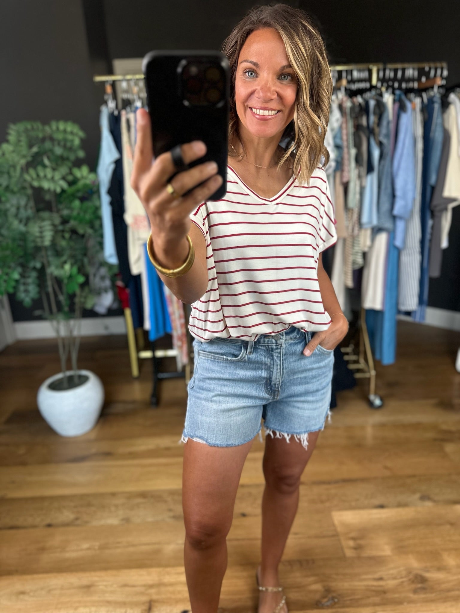 Feels This Good Striped V-Neck Tee-Short Sleeves-Staccato-Anna Kaytes Boutique, Women's Fashion Boutique in Grinnell, Iowa
