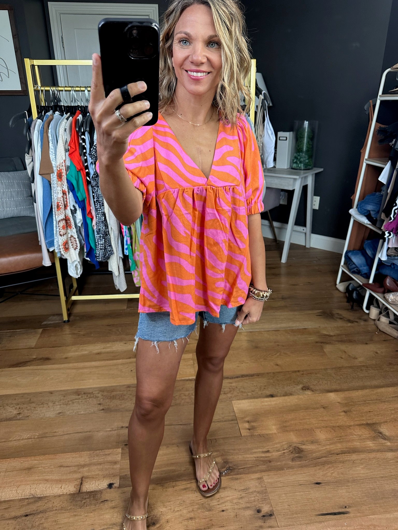 In the Summer Sun V-Neck Peplum Top - Orange/Pink-Short Sleeves-Ces Femme-Anna Kaytes Boutique, Women's Fashion Boutique in Grinnell, Iowa