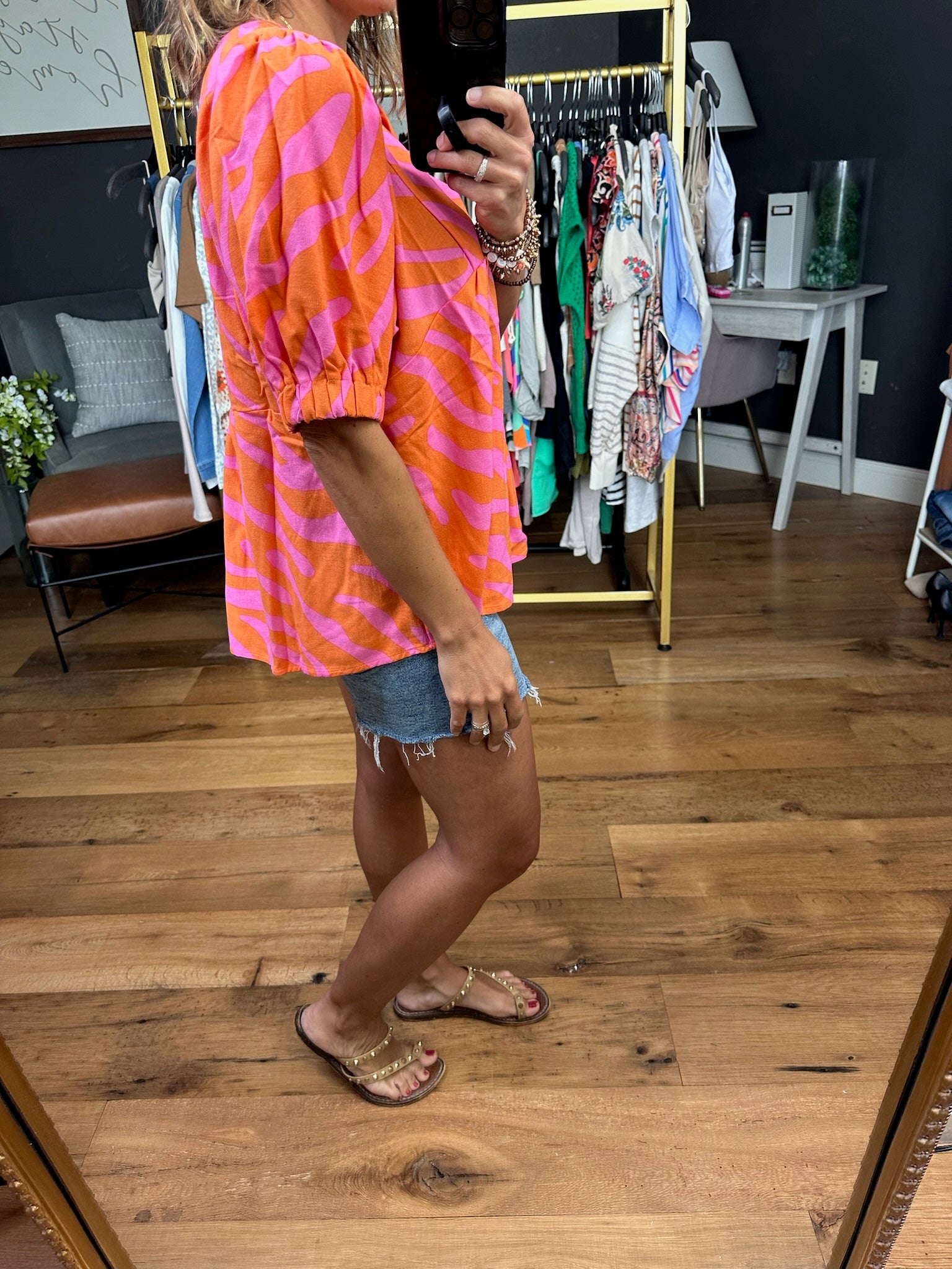 In the Summer Sun V-Neck Peplum Top - Orange/Pink-Short Sleeves-Ces Femme-Anna Kaytes Boutique, Women's Fashion Boutique in Grinnell, Iowa