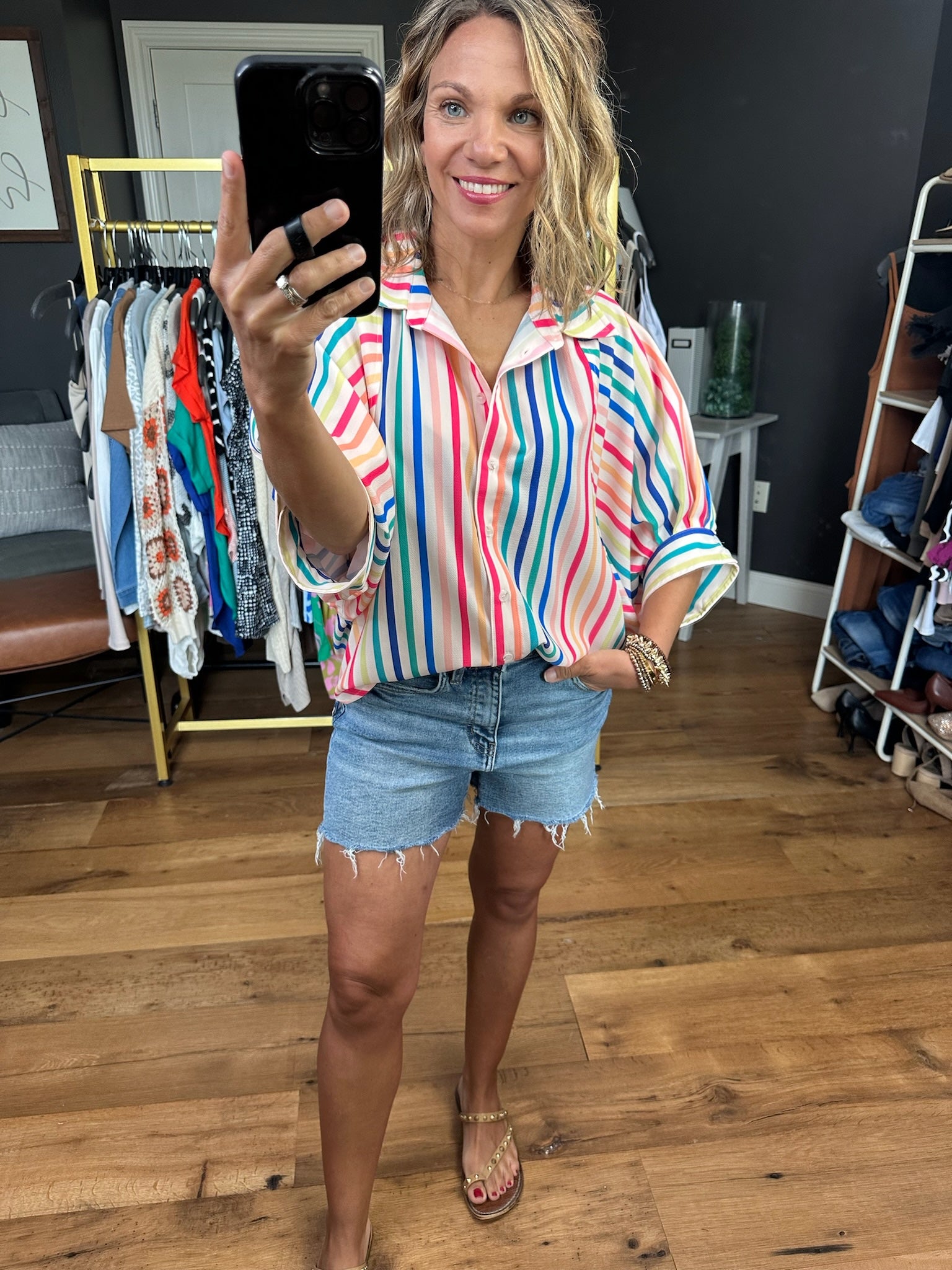 Splendid Day Striped Oversized Button-Down Top - Multi-Short Sleeves-Entro-Anna Kaytes Boutique, Women's Fashion Boutique in Grinnell, Iowa