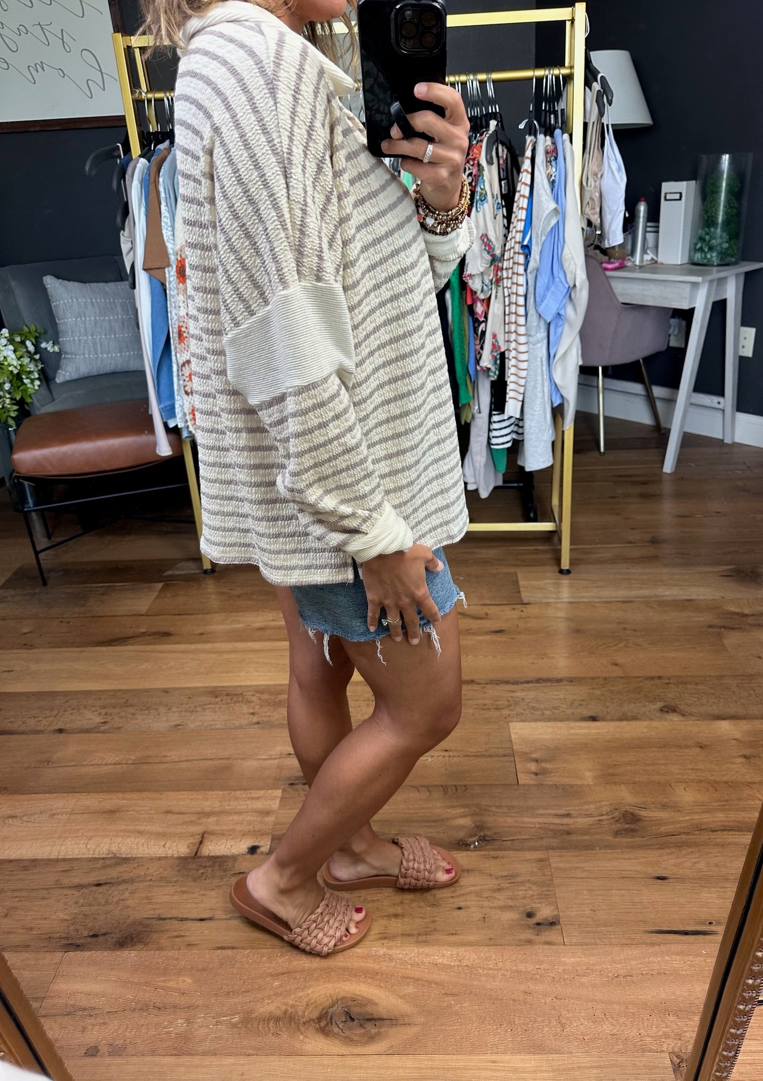 Comes Closer Striped V-Neck Pullover - Ivory/Grey-Long Sleeves-Bucketlist-Anna Kaytes Boutique, Women's Fashion Boutique in Grinnell, Iowa