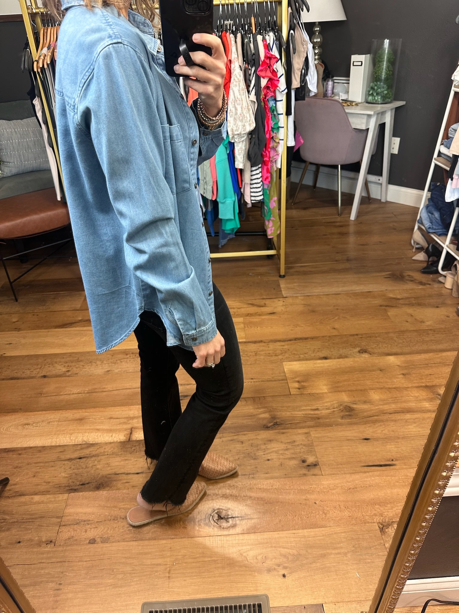 Not Giving Up Tencel Button-Down Top - Medium Wash-Long Sleeves-Be cool 19090-Anna Kaytes Boutique, Women's Fashion Boutique in Grinnell, Iowa