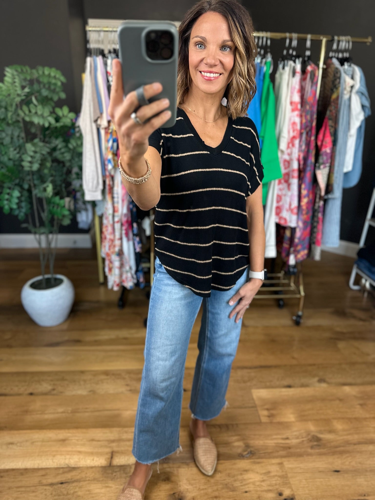 Take My Turn Striped V-Neck Top-Short Sleeves-Blu Pepper-Anna Kaytes Boutique, Women's Fashion Boutique in Grinnell, Iowa