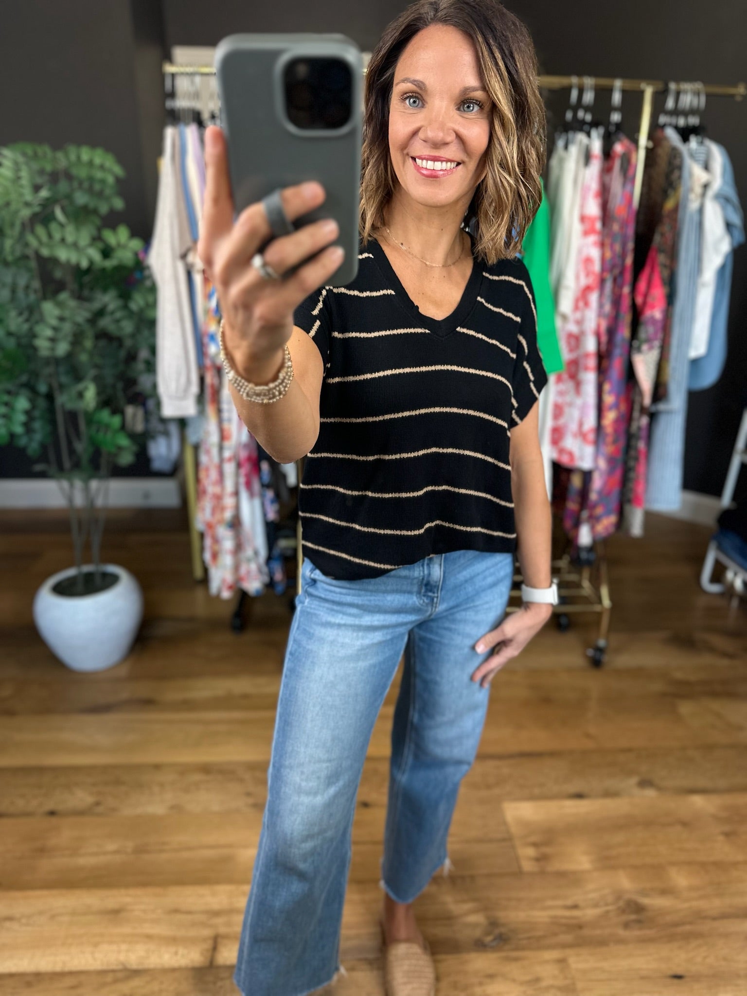 Take My Turn Striped V-Neck Top-Short Sleeves-Blu Pepper-Anna Kaytes Boutique, Women's Fashion Boutique in Grinnell, Iowa