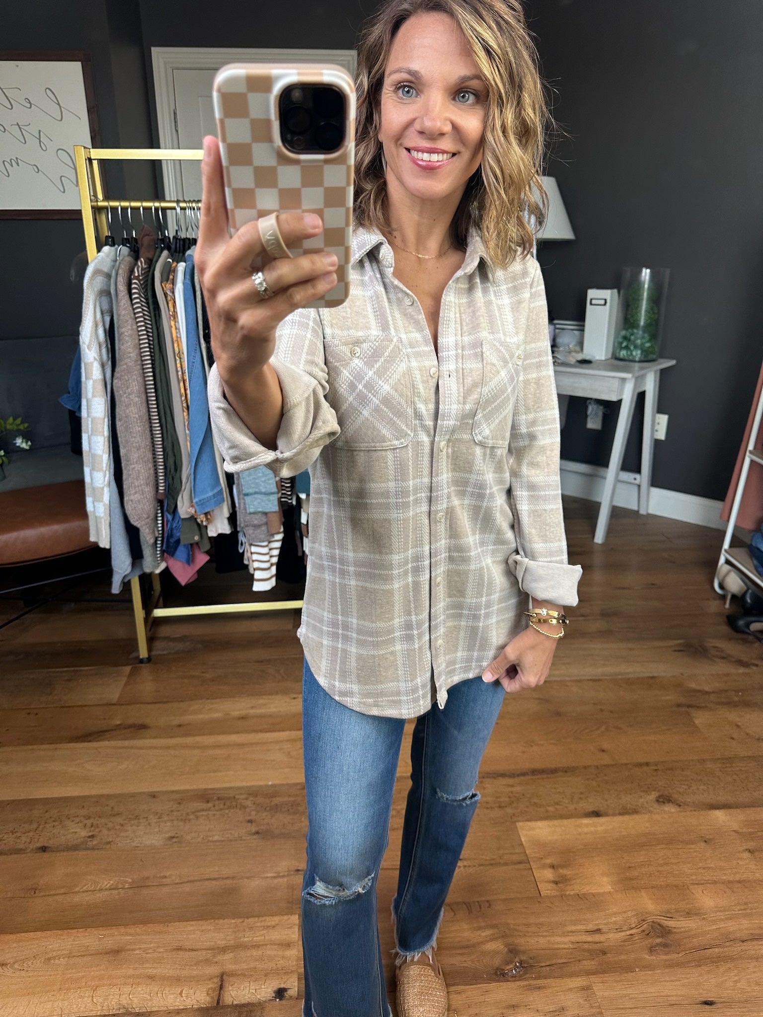 Best Guess Plaid Button-Down Top - Sand-Thread & Supply-Anna Kaytes Boutique, Women's Fashion Boutique in Grinnell, Iowa