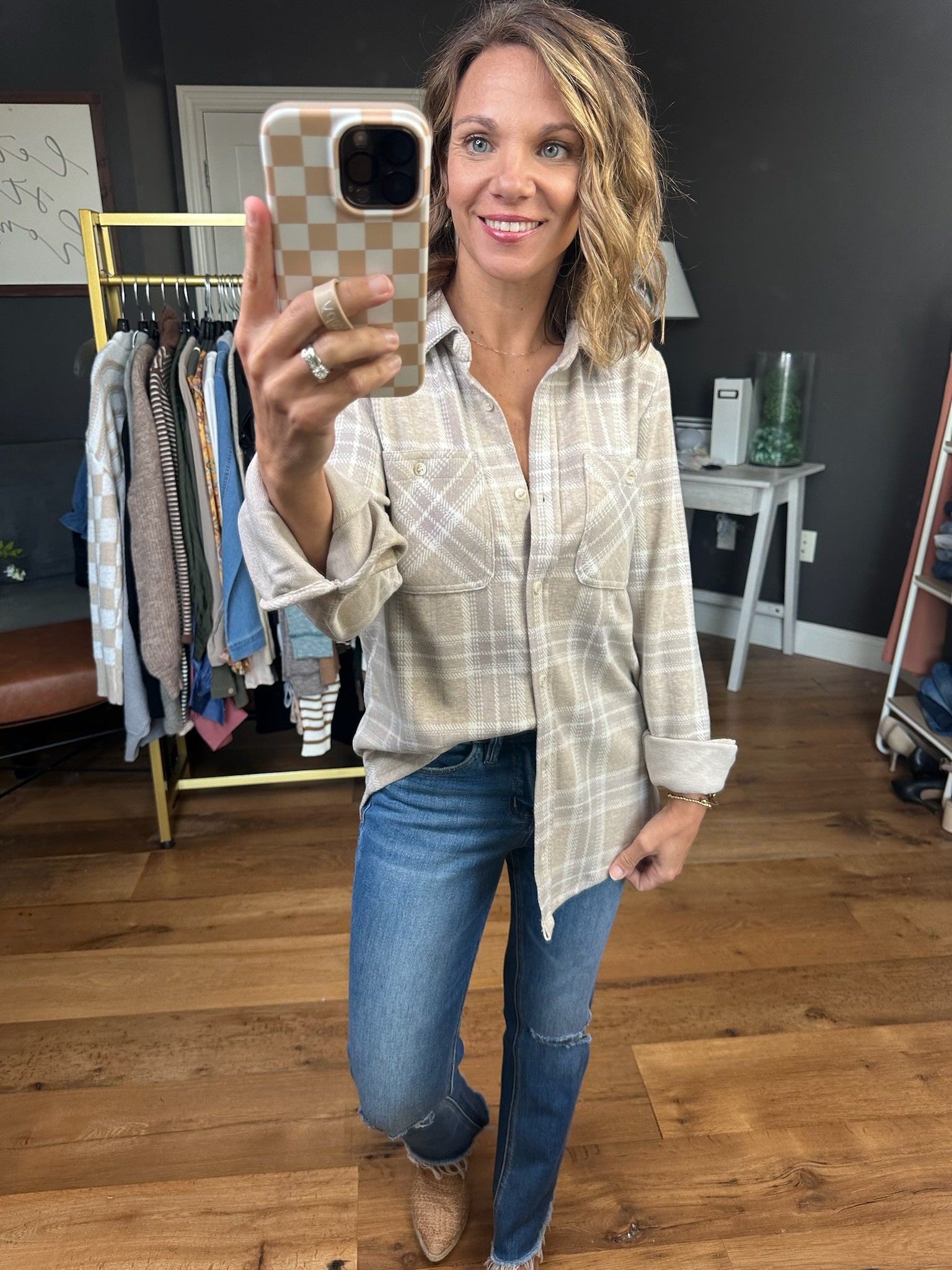 Best Guess Plaid Button-Down Top - Sand-Thread & Supply-Anna Kaytes Boutique, Women's Fashion Boutique in Grinnell, Iowa