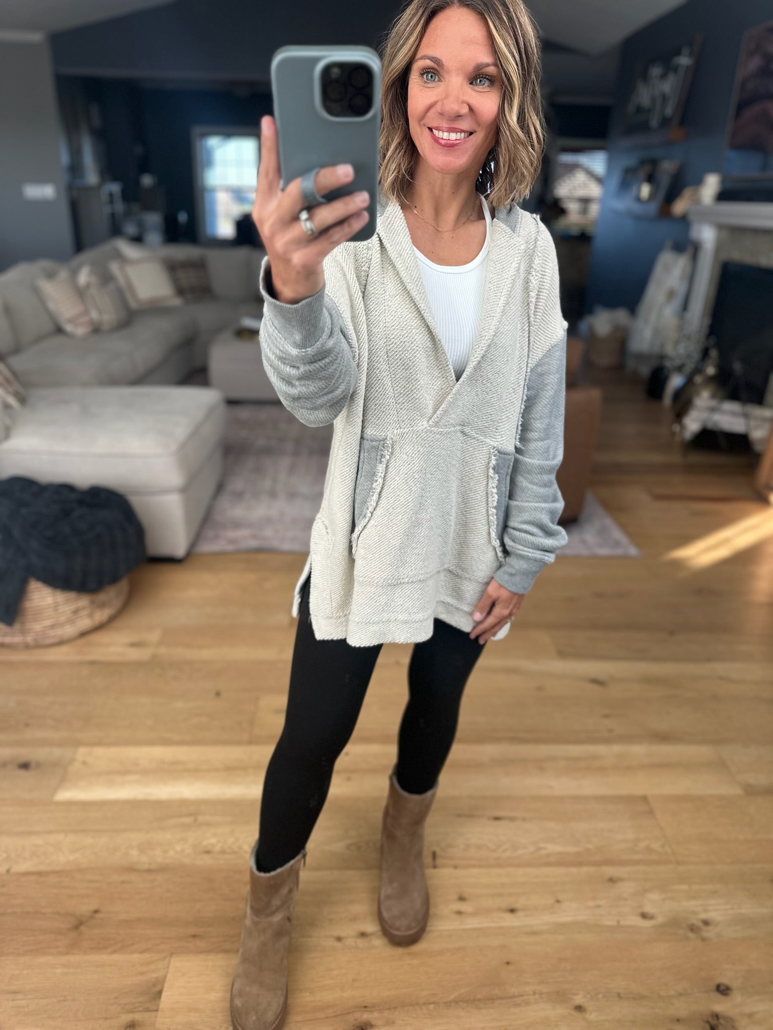 Hanging On Inside Out V-Neck Hoodie-Sweaters-Mono B-Anna Kaytes Boutique, Women's Fashion Boutique in Grinnell, Iowa