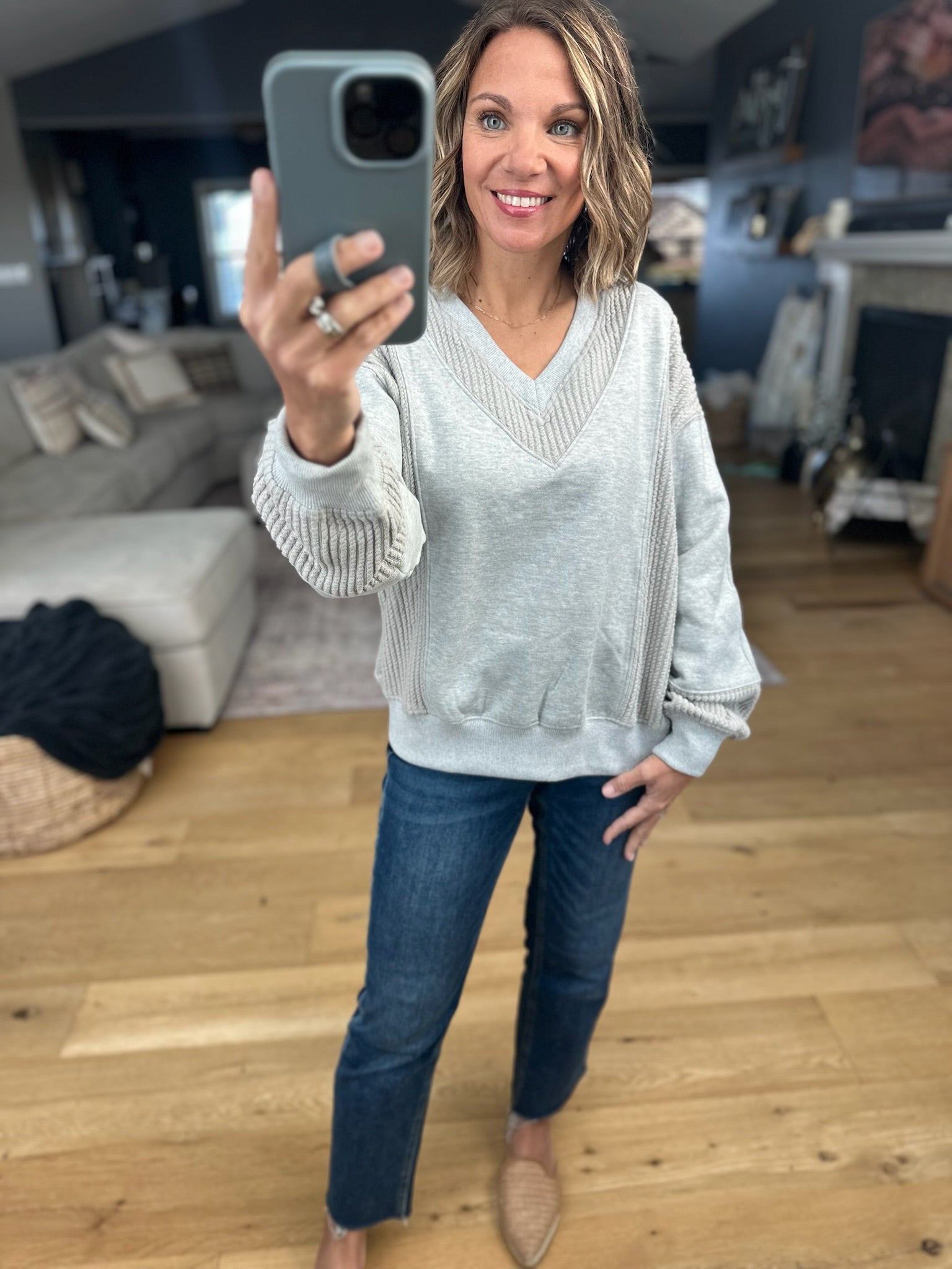 More True Textured V-Neck Sweatshirt-Sweaters-Doe & Rae-Anna Kaytes Boutique, Women's Fashion Boutique in Grinnell, Iowa