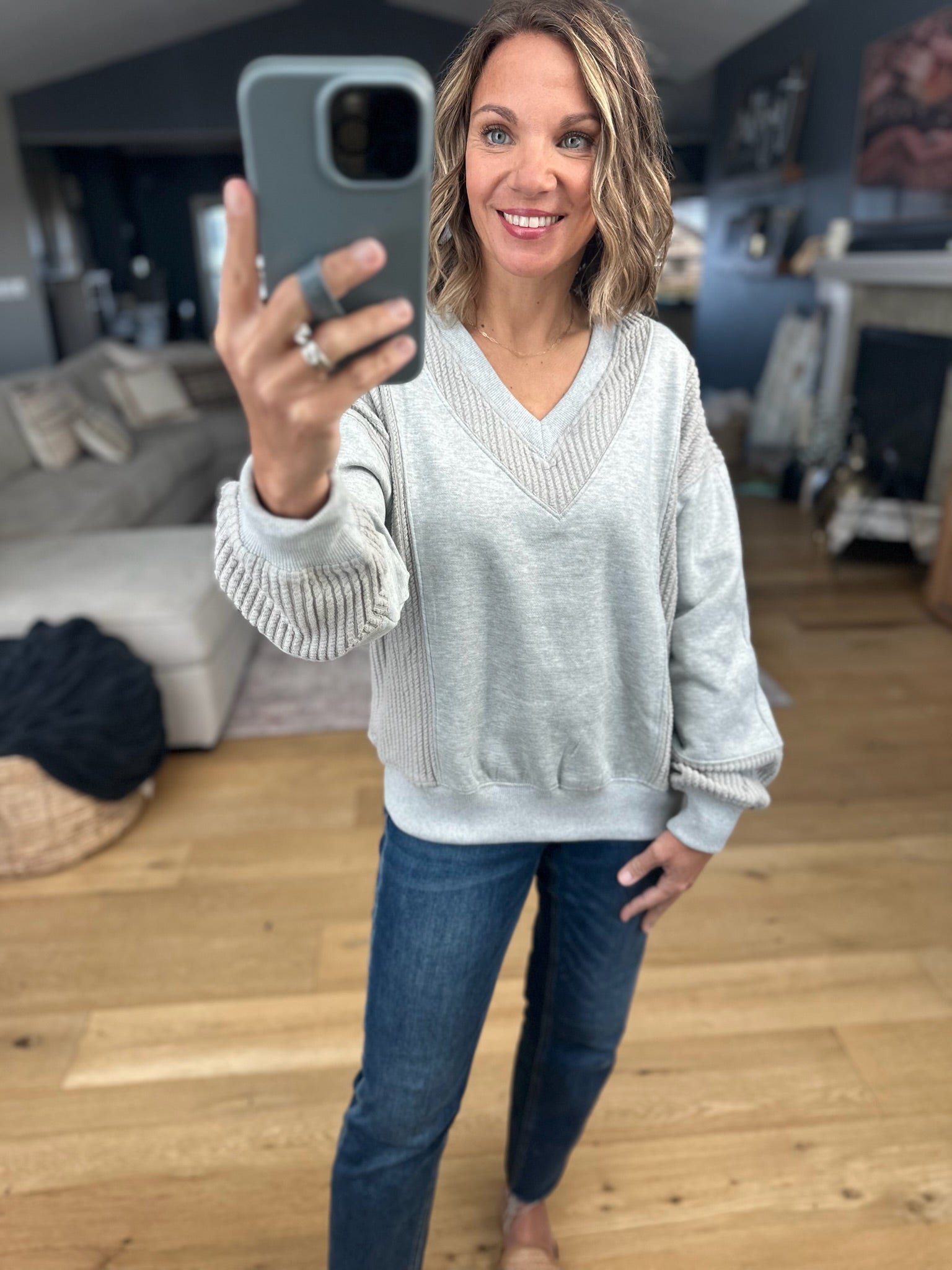 More True Textured V-Neck Sweatshirt-Sweaters-Doe & Rae-Anna Kaytes Boutique, Women's Fashion Boutique in Grinnell, Iowa