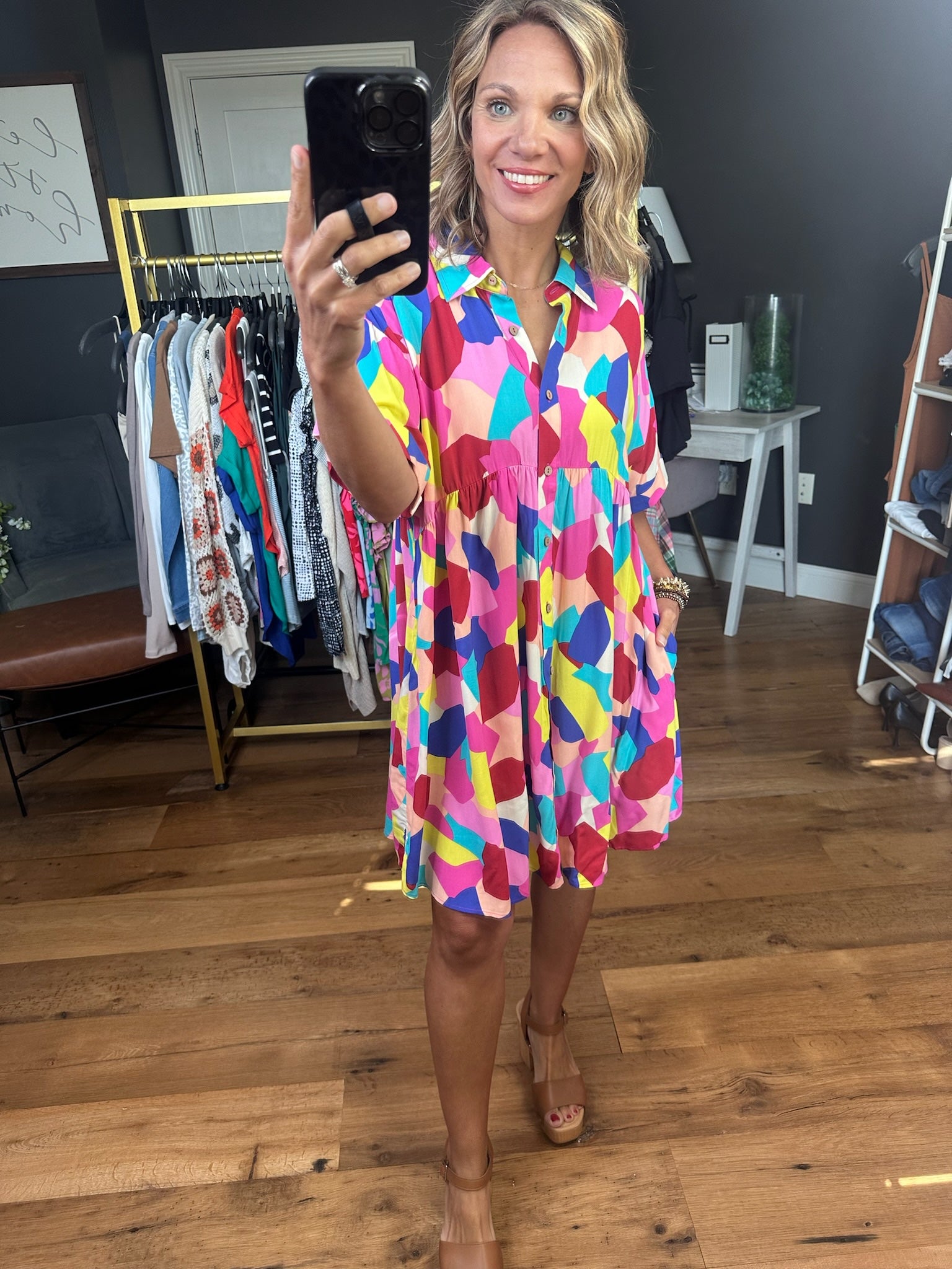 Going My Way Patterned Dress - Pink/Royal-Dresses-Easel-Anna Kaytes Boutique, Women's Fashion Boutique in Grinnell, Iowa