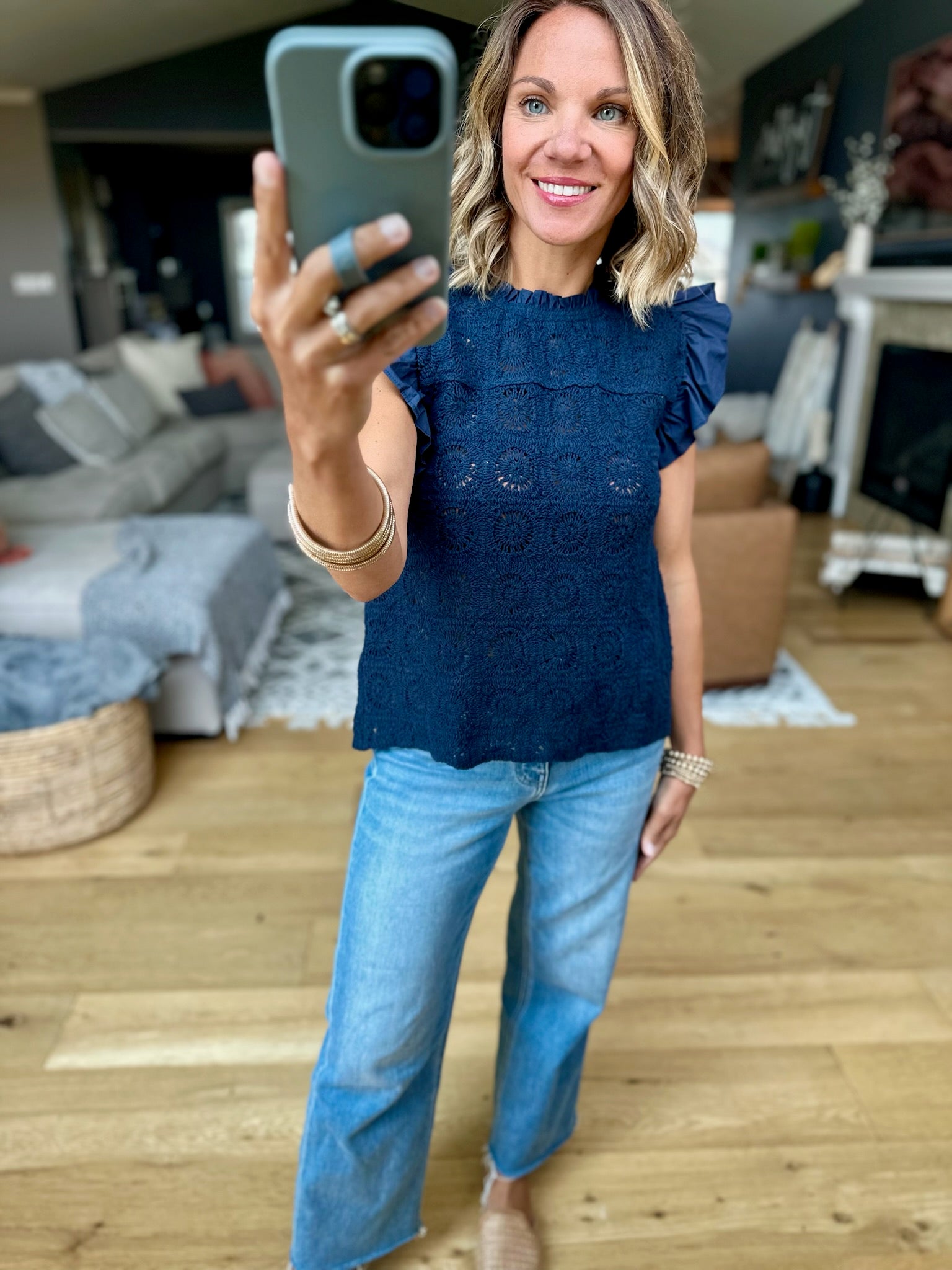 Wild Whispers Lace Flutter Sleeve Top-Skies Are Blue-Anna Kaytes Boutique, Women's Fashion Boutique in Grinnell, Iowa